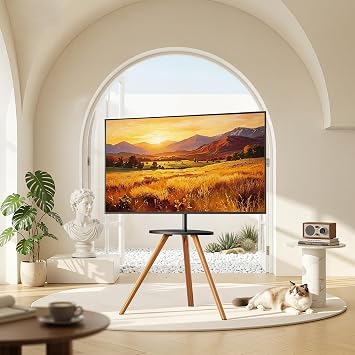 Pegzone Easel Floor TV Stand for 45 to 65 Inch TV, Hold 88lbs, Black Walnut | Mid Century Modern Design, with Artistic Droplet-Shaped Shelf, VESA pattern 200200 to 600400 mm, Cable Management