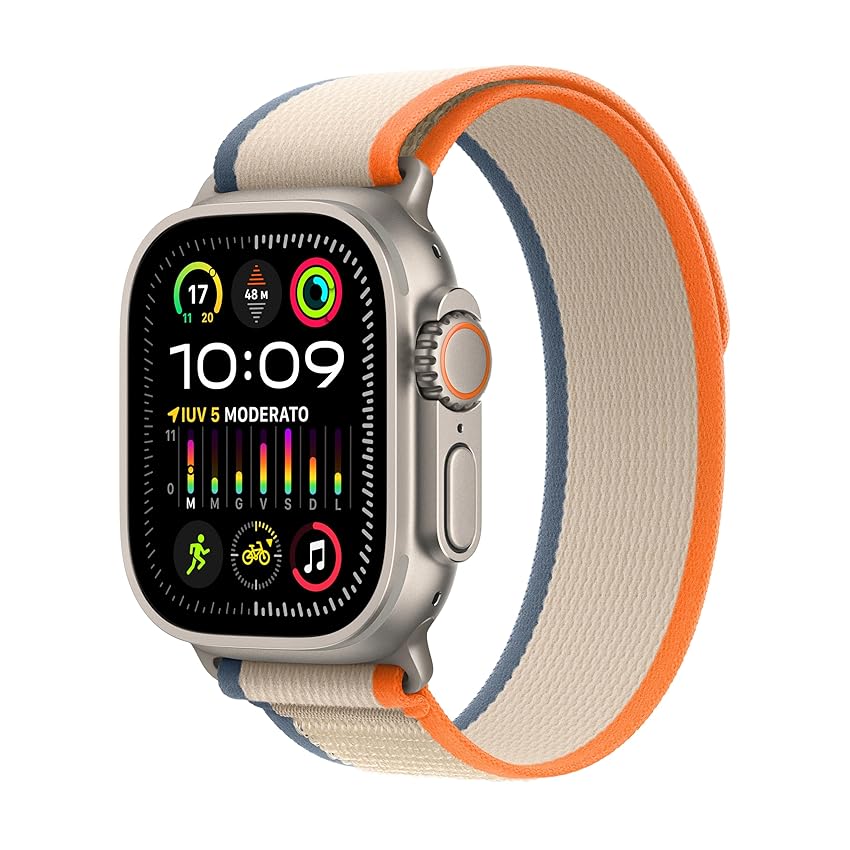 Immagine del prodotto Apple Watch Ultra 2 GPS + Cellular 49mm Smartwatch con robusta cassa in titanio e Trail Loop arancioneeige - S/M. Fitness tracker, GPS di precisione, tasto Azione, batteria a lunghissima durata