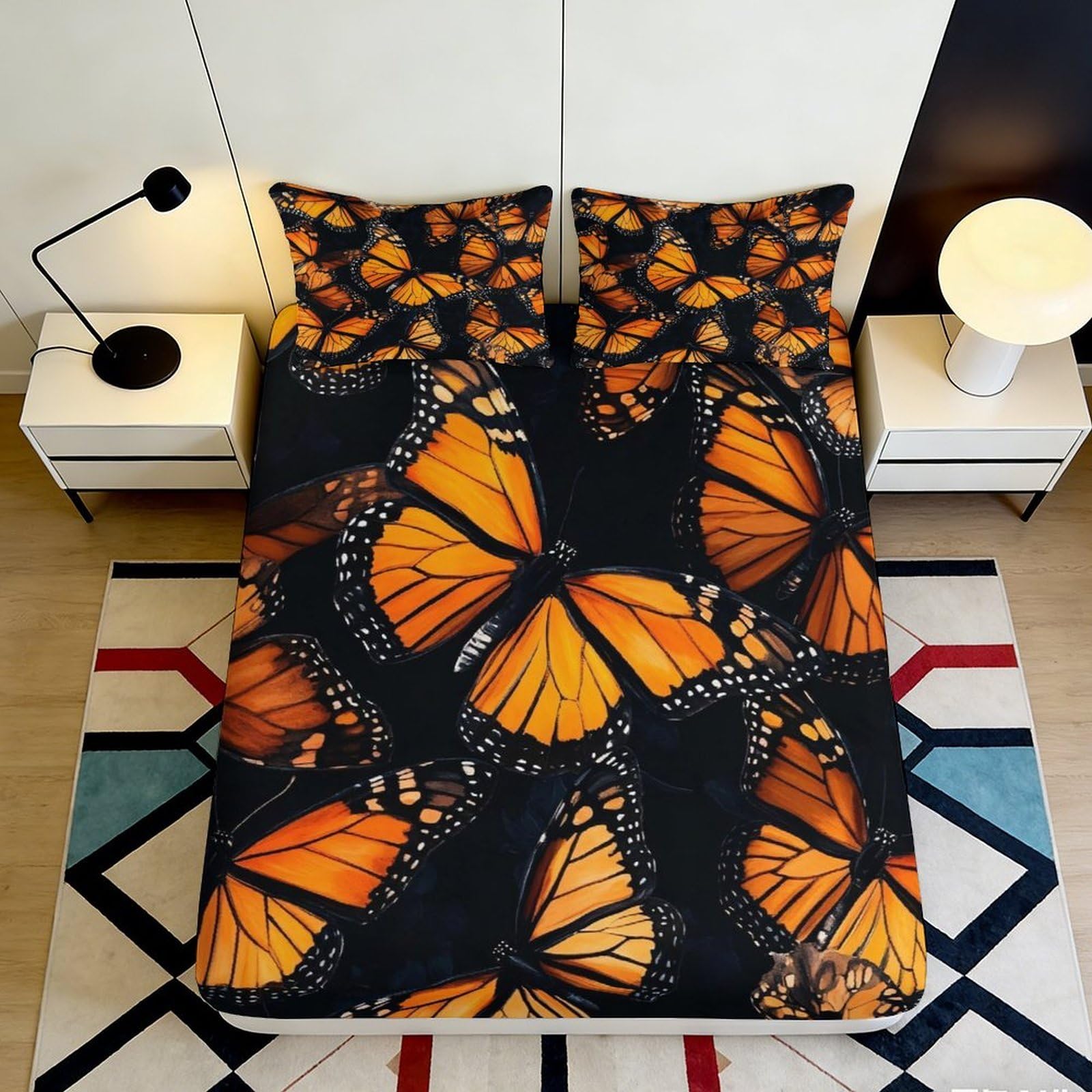 3D Printed Monarch Butterfly Fitted Sheet Microfiber Soft Breathable Orange Pattern Bed Cover for Bedroom Dormitory Guest Room Mattress Protection 90x200x25cm