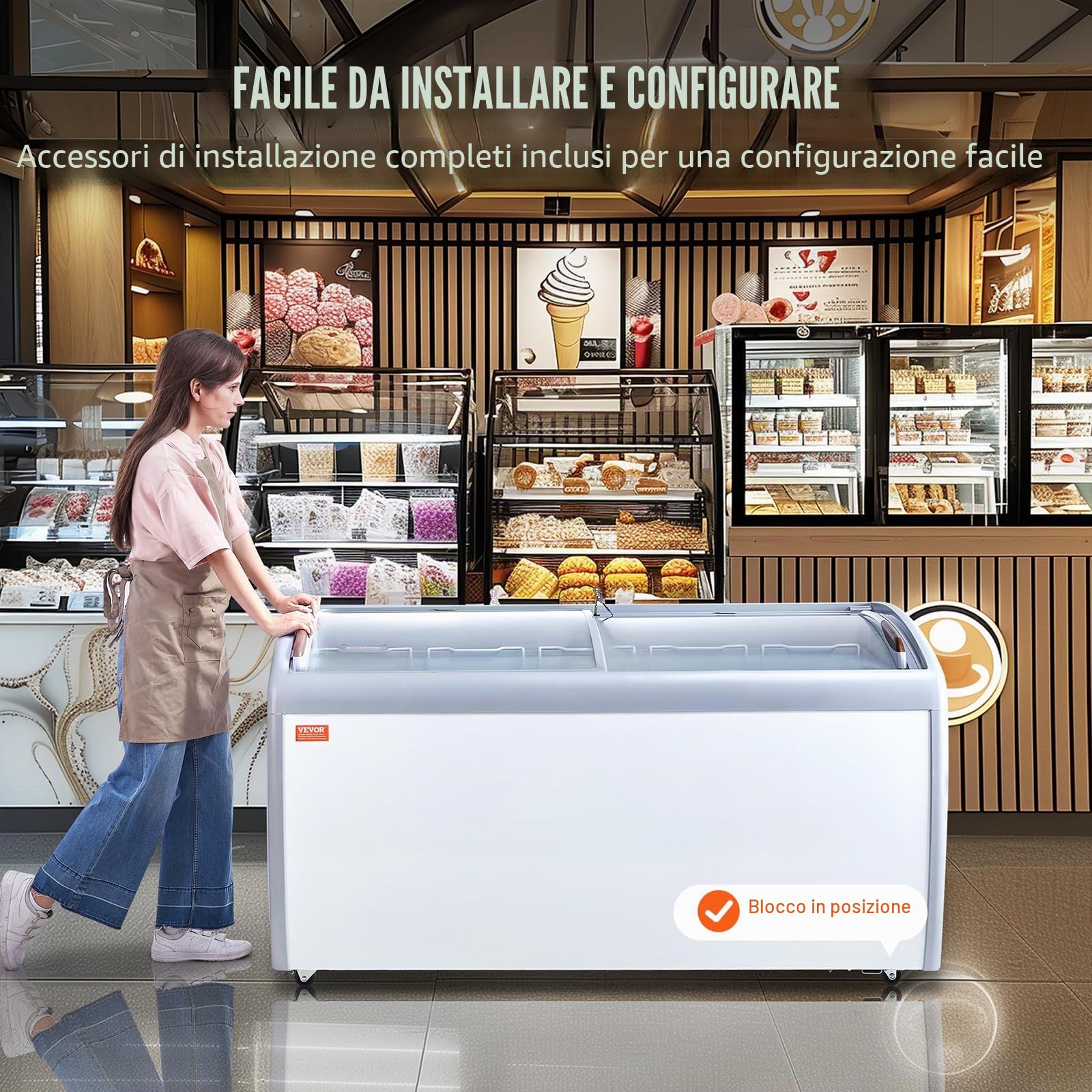 VEVOR Vetrina per Gelato Commerciale 460 L Congelatore Mobile con Piano in Vetro, Armadietto per Gelato per Ristorante, 5 Cestelli Metallici, 2 Porte Scorrevoli in Vetro, Ruote con Bloccaggio, Bianco