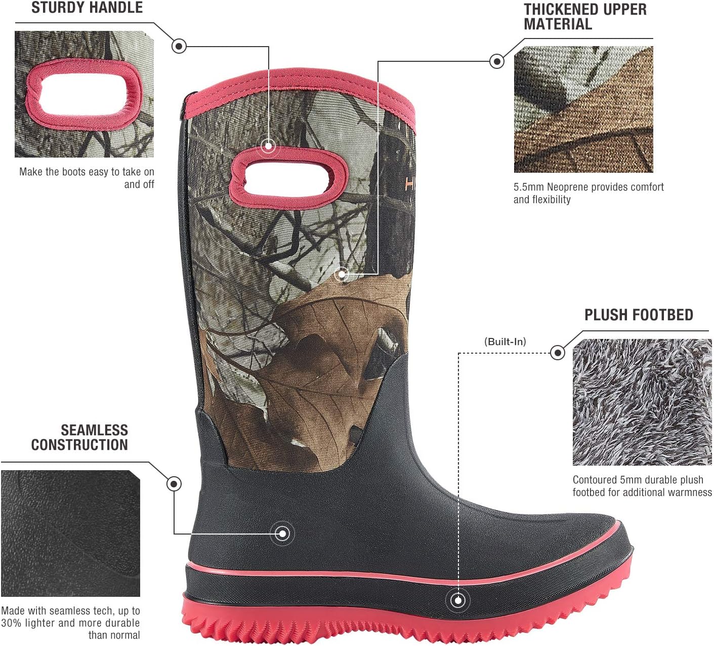 HISEA Women Mud Boots, Neoprene Rubber Garden Shoes Waterproof Mid Calf Rain Boots for Outdoor - Image 4