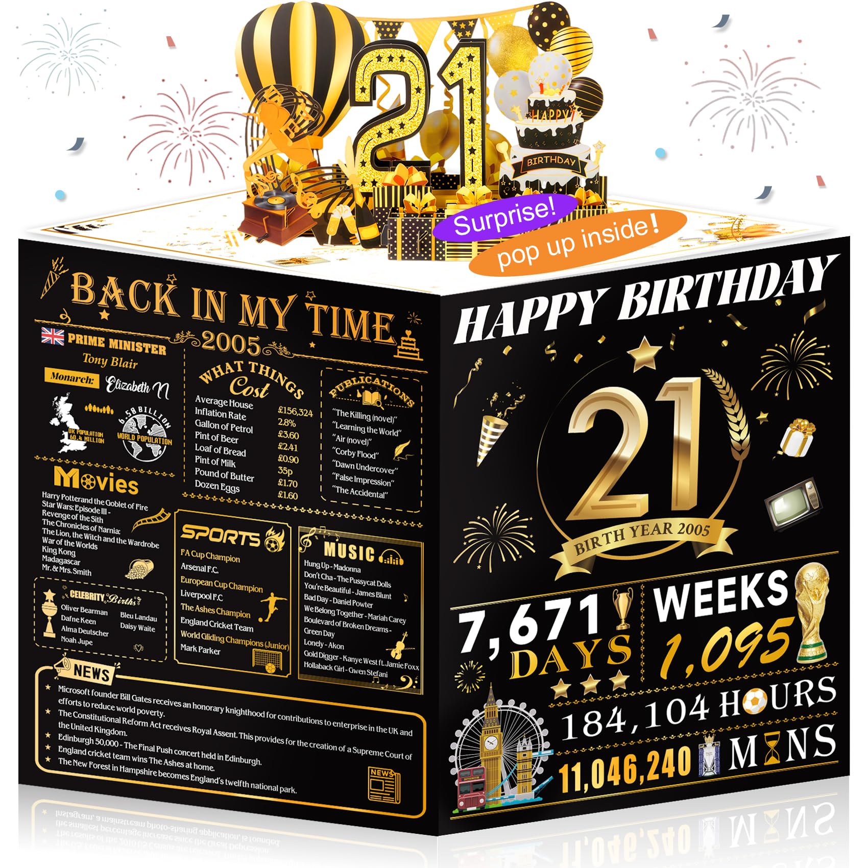 21st Birthday Card for Girl Boy Son Daughter, Big Pop Up 21st Birthday Cards for Grandson Granddaughter, Back In 2005 Funny 21 Year Old Birthday Decorations โ image 1