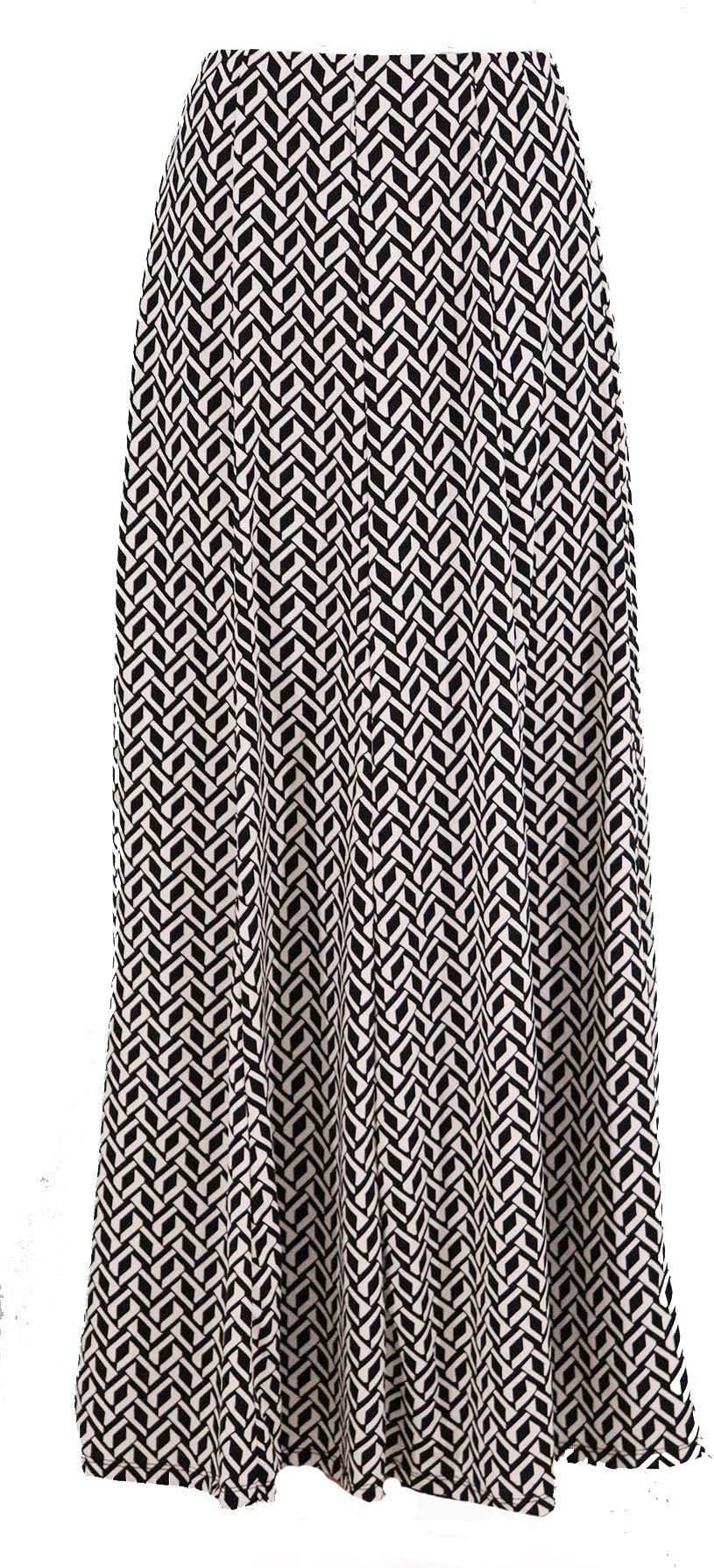 Abielmo Lovely Pull on Curved Red Blue Black Grey Stretchy Jersey Long Maxi Skirt Full Length Elasticated Waist UK Size 10 12 14 16 10 20 22 24 justfound4u (UK Size10 - Length 39", Black and White)