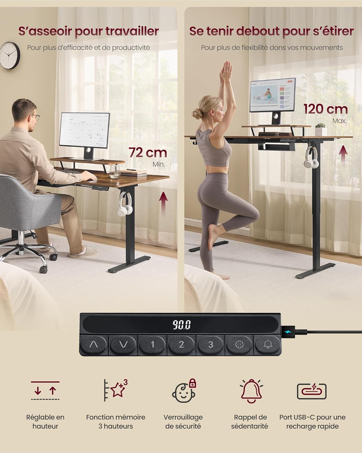 Image showing a person sitting at the desk at 72 cm height and another person standing at the desk at 120 cm height, with a close-up of the control panel.