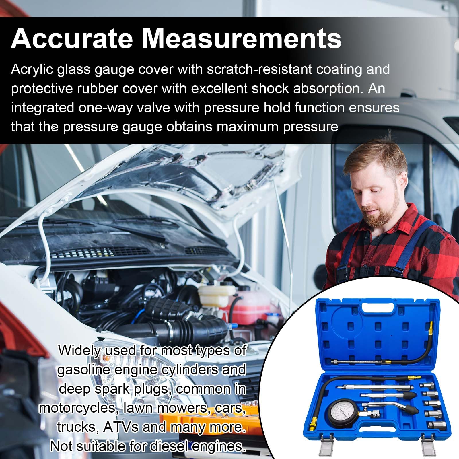 Tester di compressione per auto, 11 pezzi, set di test di compressione per motori a benzina, tester di compressione digitale, misuratore di compressione motore, cilindro, auto