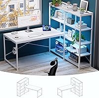 PAMRAY 49 Inch L-Shaped Gaming Desk with Reversible 5-Tier Shelves, Power Outlets & RGB LED Lights - White Home Office PC Table