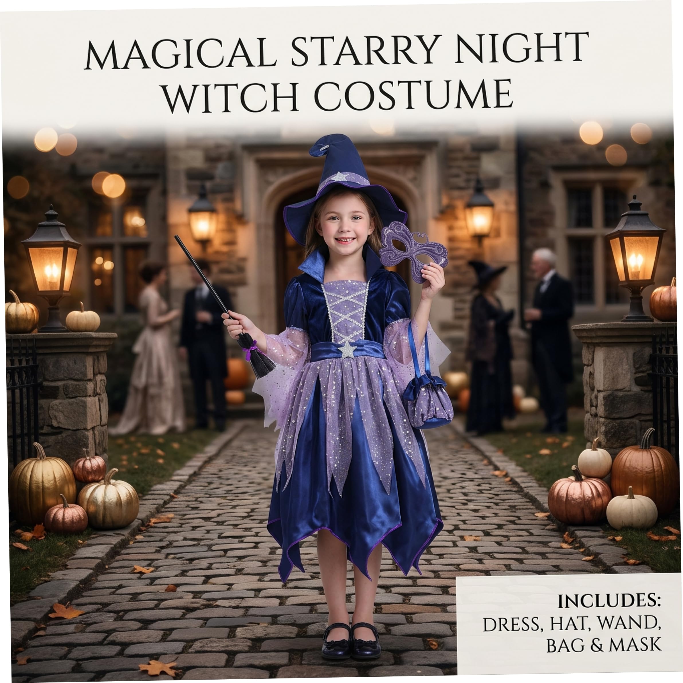 Costume da strega per ragazze, 1 set Costume da strega in velluto glitterato con rete, per Halloween Dress Up, L