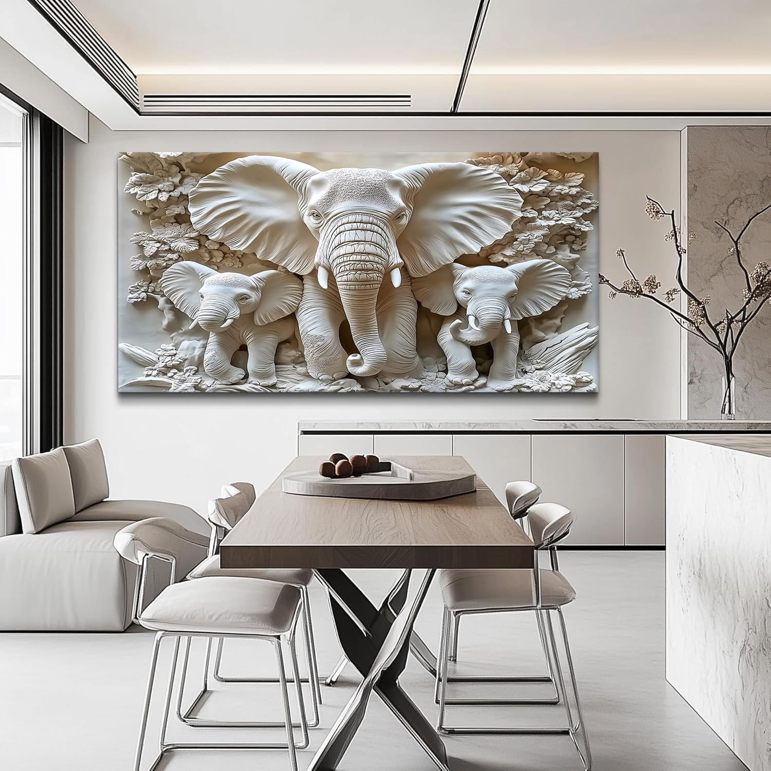 MooMel Large Framed Elephant Family Wall Art Canvas Wall Decor 20x40 Inch Abstract Nature Animal Landscape Wall Art for Living Room Bedroom Home Office Modern Wall Decor.