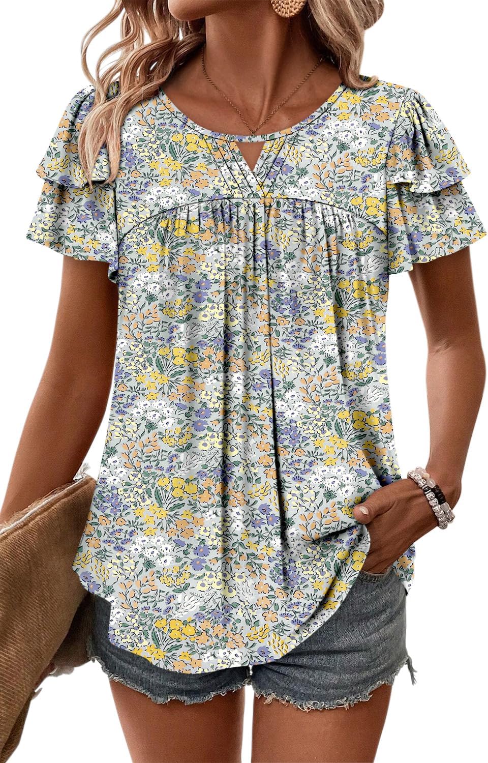 CRAZY GRID Womens Summer Tops Short Sleeve Tshirt Summer Floral Boho Shirts Casual Flowy Tee Comfy Blouses