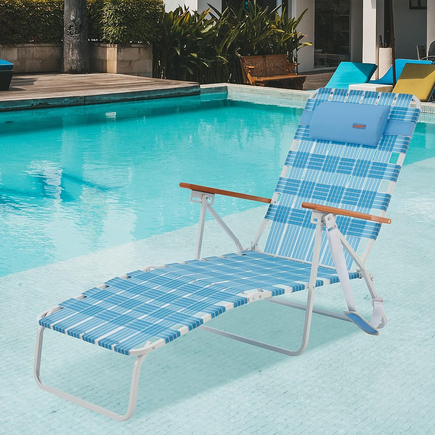 #WEJOY 5 Adjustable Folding Webbing Beach Chaise Lounge Chair,Portable Recliner Chairs for Adults with Wooden Arm,Backpack Strap,Pillow for Outdoor Sunbathing Pool Side Sun Deck Lawn Patio Camping : Patio, Lawn & Garden