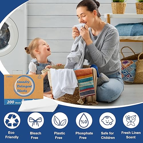 Miniatura 2 de Hojas de detergente para lavandería, 200 hojas de lino fresco, ecológicas, hipoalergénicas, sin líquidos, para dormitorio, viajes, campamento, 200