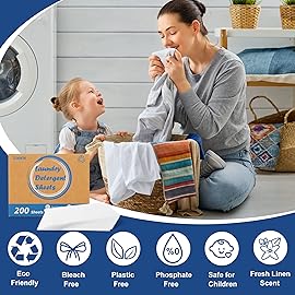 Laundry Detergent Sheets 200 Sheets, Fragrance-Free, Eco-Friendly, Plastic-Free, Hypoallergenic, Liquidless Washing Supplies for Dorm Travel Camping, 200 Loads