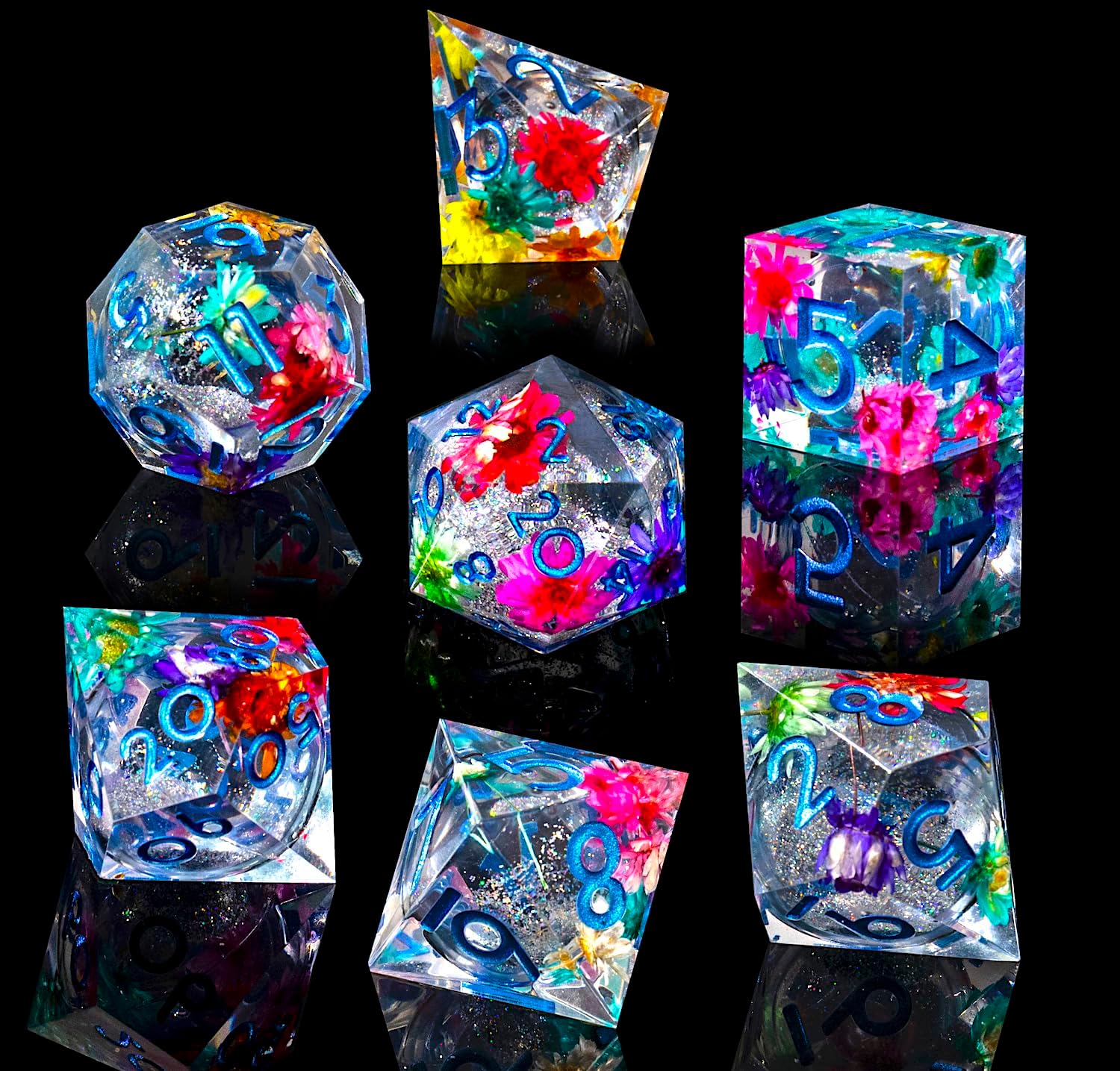 Liquid Core DND Dice Set, 7pcs Sharp Edge Dice for Role Playing Dungeons and Dragons Ttrpg with Gift Box, Handmade Resin D&D Dice RPG Role Playing Games Dice Set(Flower&Silvery Quicksand)