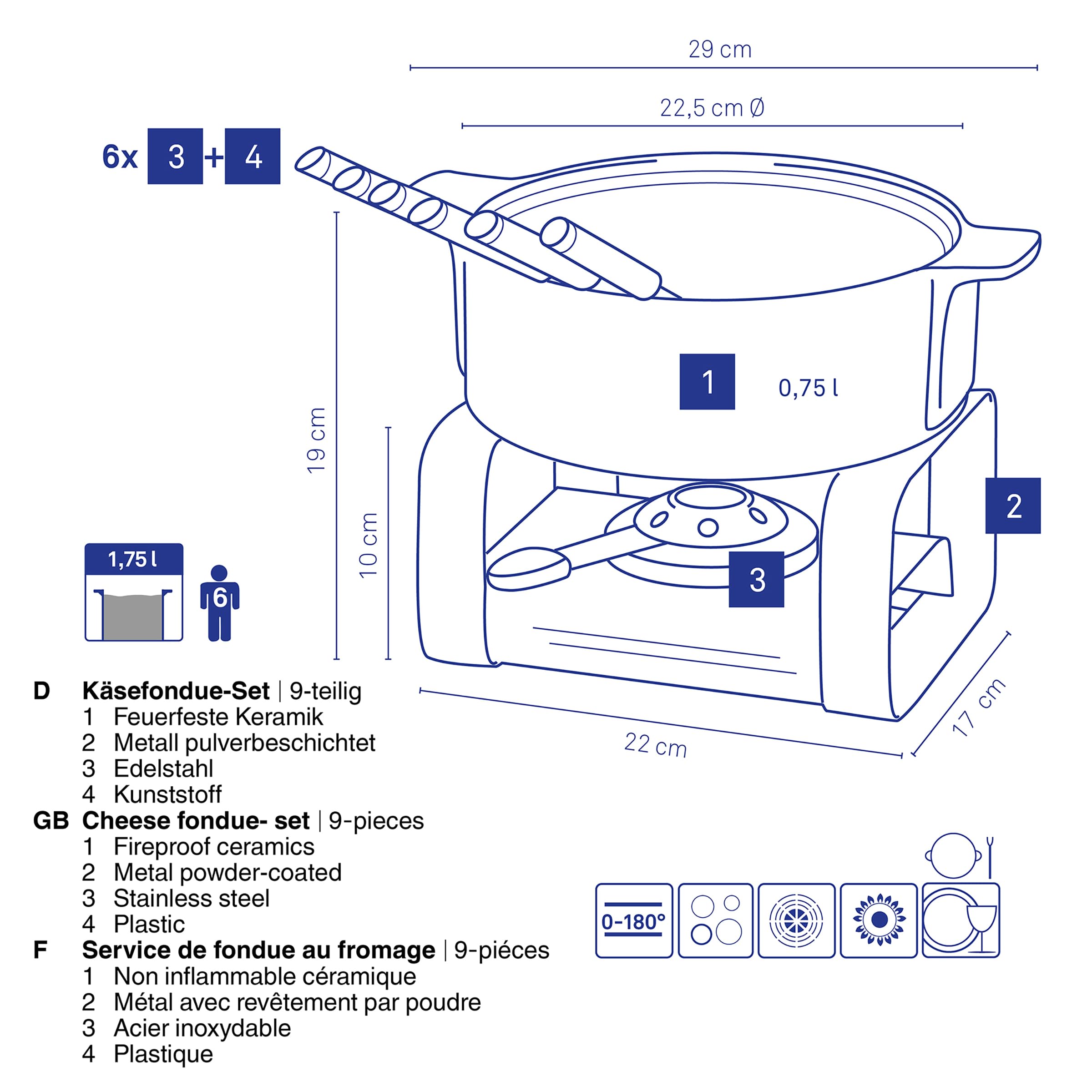 kela Set de fondue de queso de 9 piezas, fondue de cerámica para 6 personas ROMAN, set de fondue de queso con soporte para pasta combustible, tenedores y soporte para tenedores
