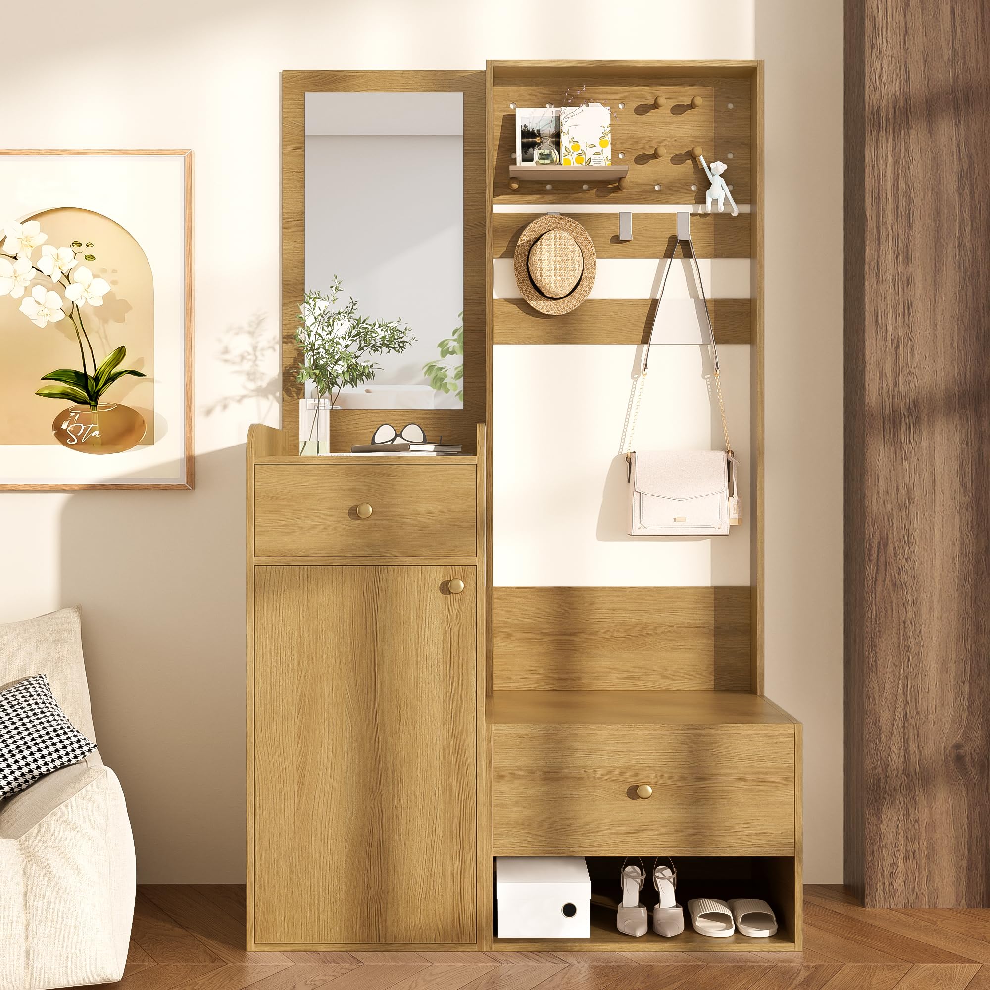 Perchero compacto de 105 cm, moderno y multifuncional, estantería de entrada elegante de color madera con espejo, ganchos ajustables y espaciosos estantes para zapatos