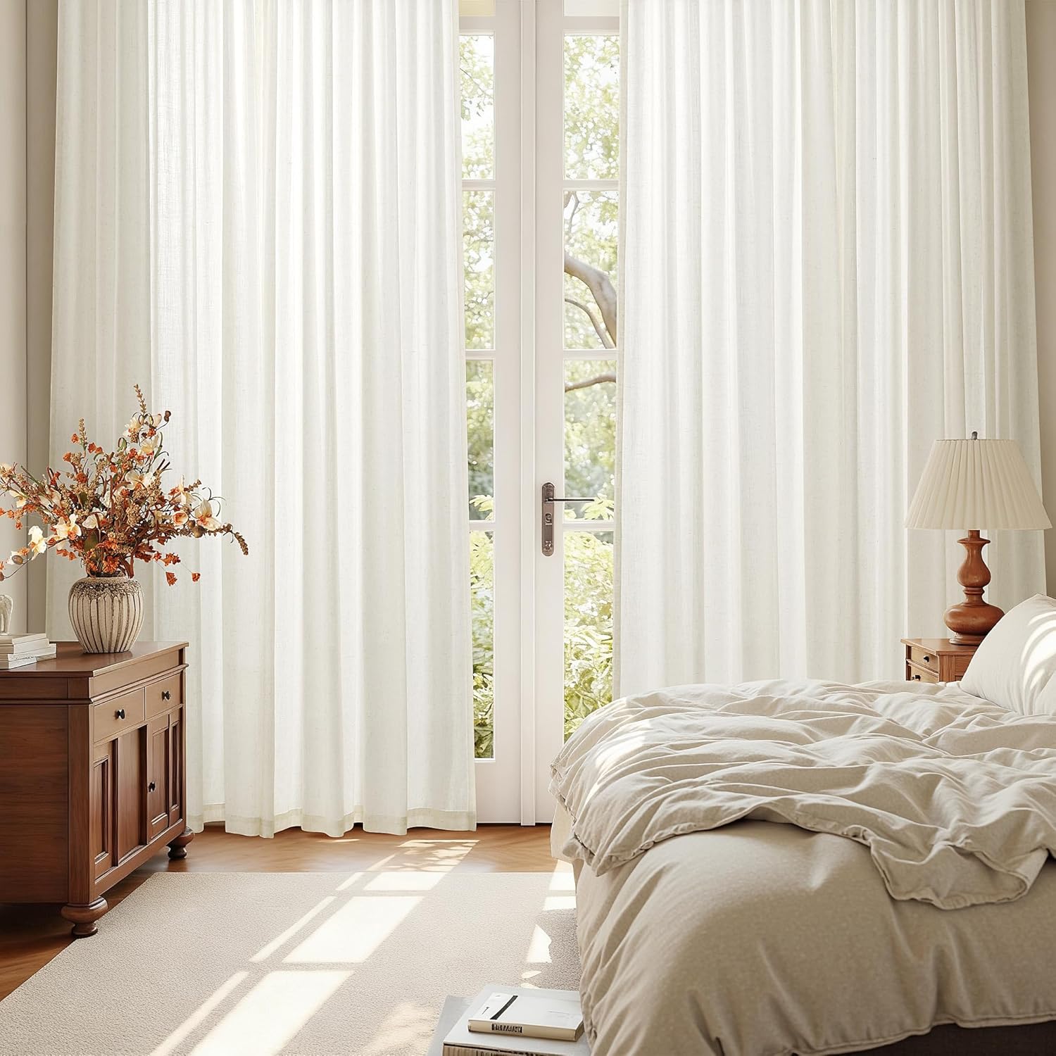 Nanspring Natural Linen Curtains 96 Inches Long for Living Room 2 Panel Set Light Filtering Semi Sheer Drapes Farmhouse with Back Tab Modern Rustic Window Long Curtain for Bedroom Cream W50 x L96