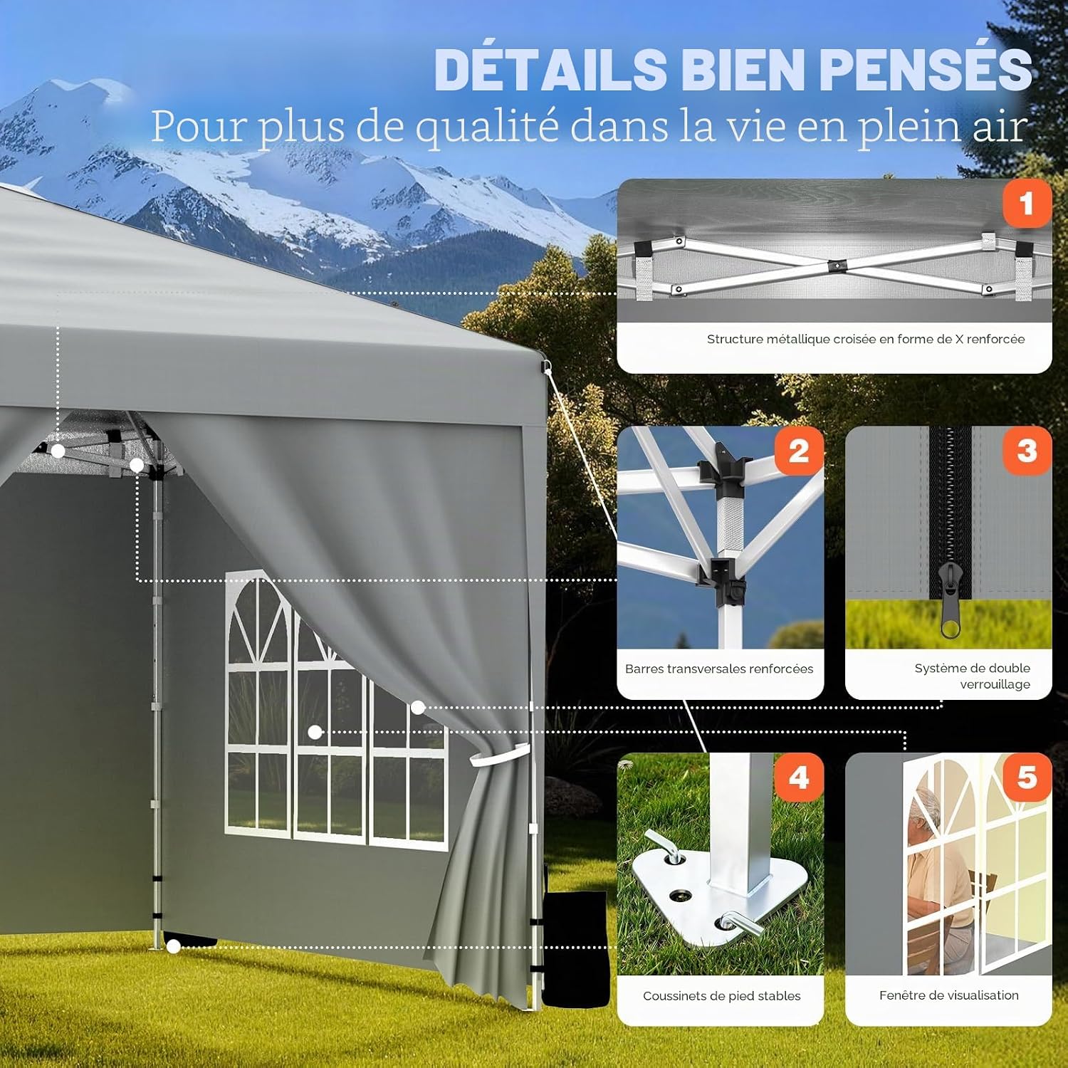 Huracan Tonnelle Pliante 3 x 3 m imperméable avec parois latérales, Pop-up Barnum avec Sacs de Sable Stables, Hauteur réglable, Protection UV, tonnelle de Jardin Exterieur, Tente de fête, Plage — vue 5