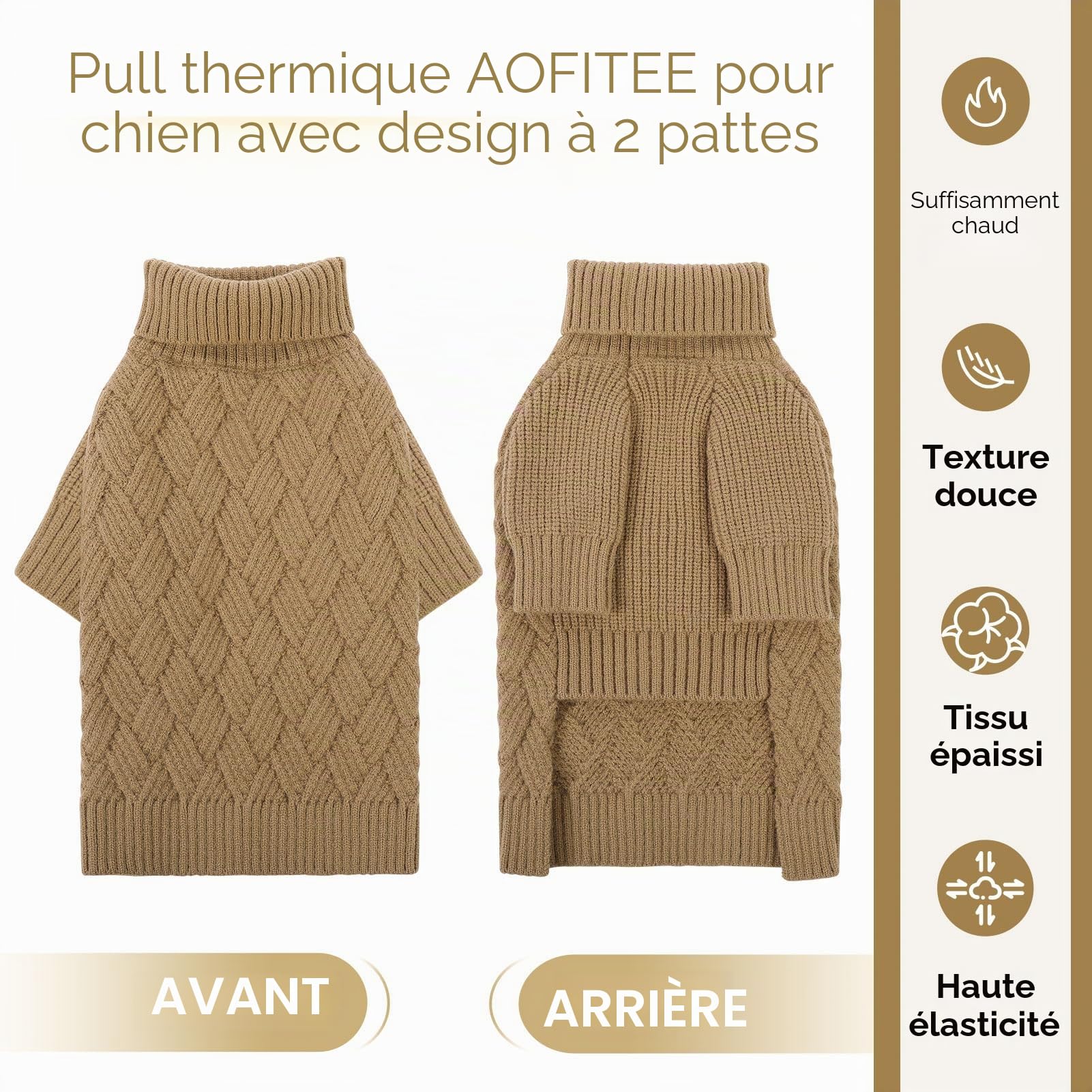 AOFITEE Pull Noel Chien Moyen, Pull Chaud pour Chiens avec Manches de Petite et Moyenne Taille, Epais et Chaud Tricot de Noël à Col Roulé Chiens Sweater Bouledogue Français pour Automne Hiver