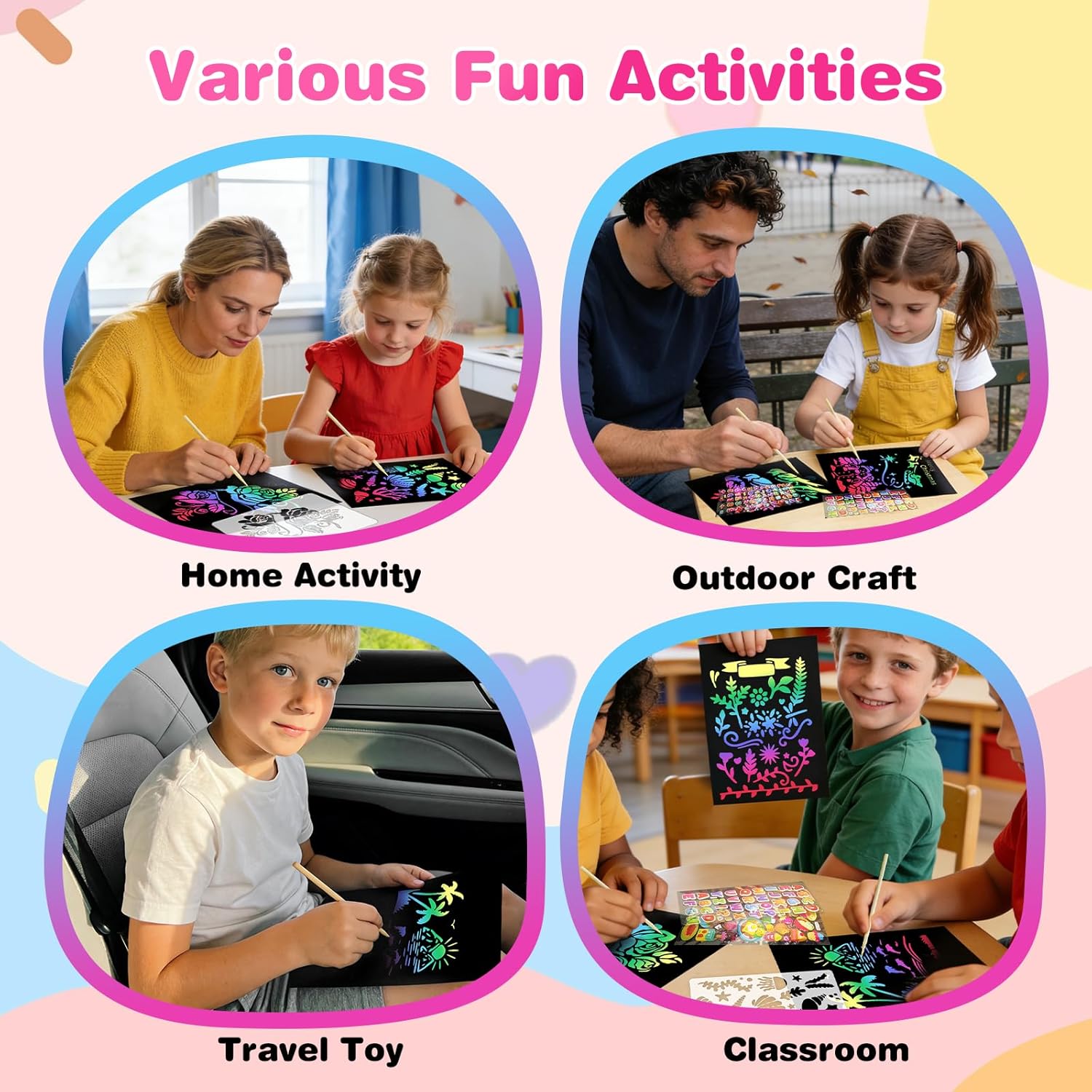 DOTTA - 114pcs Rainbow Scratch Art Paper for Kids 4-12 Years Old, Black Magic Scratch Notes, Personalized Stencils & Stickers for Birthday, Christmas Gift, Classroom Party Games Activities - Image 3