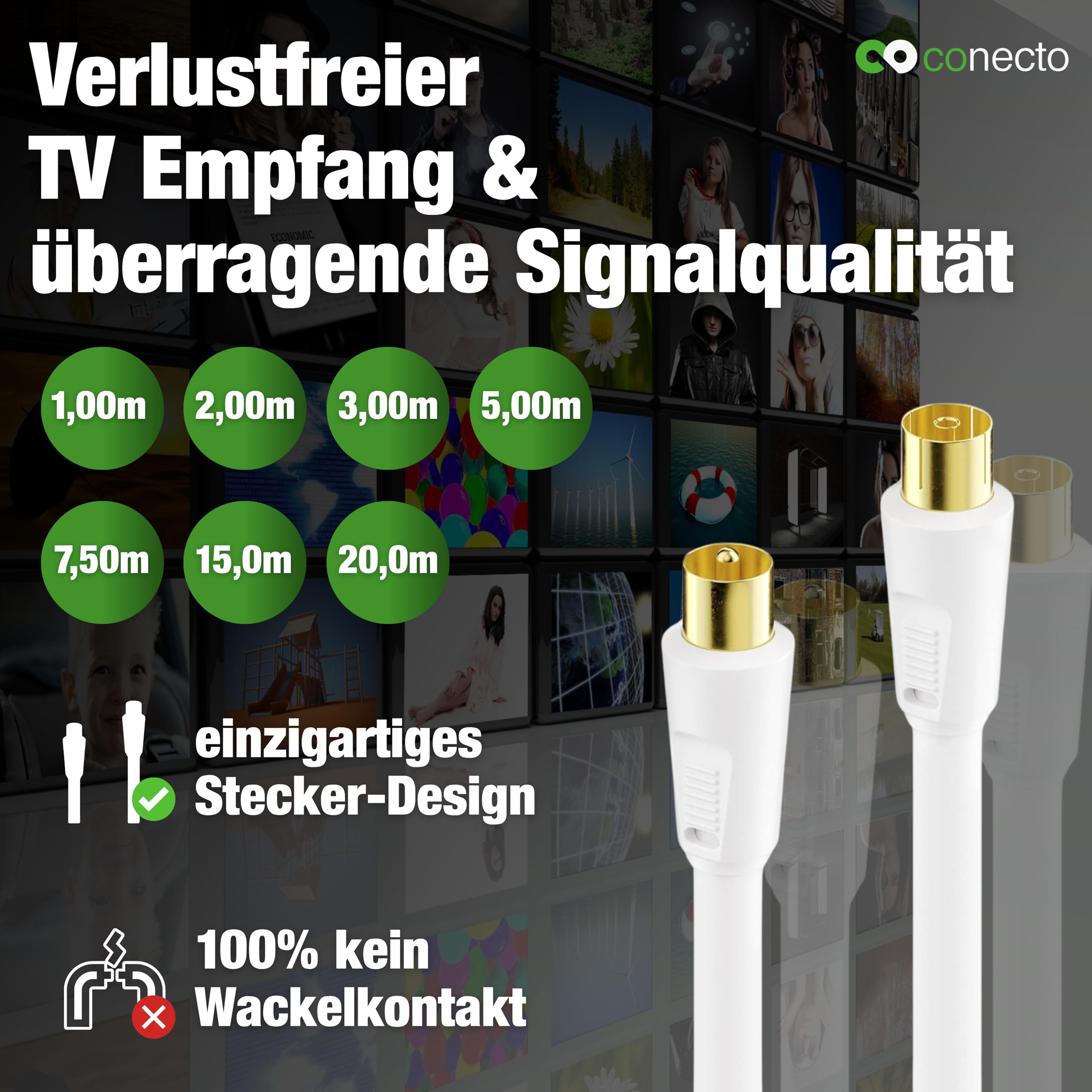 conecto Kabel antenowy, kabel koncentryczny TV 3,0 m, 4-krotnie ekranowany, wtyczka IEC z ferrytem, do HDTV, odbiornika, satelity, DAB, radia, biały