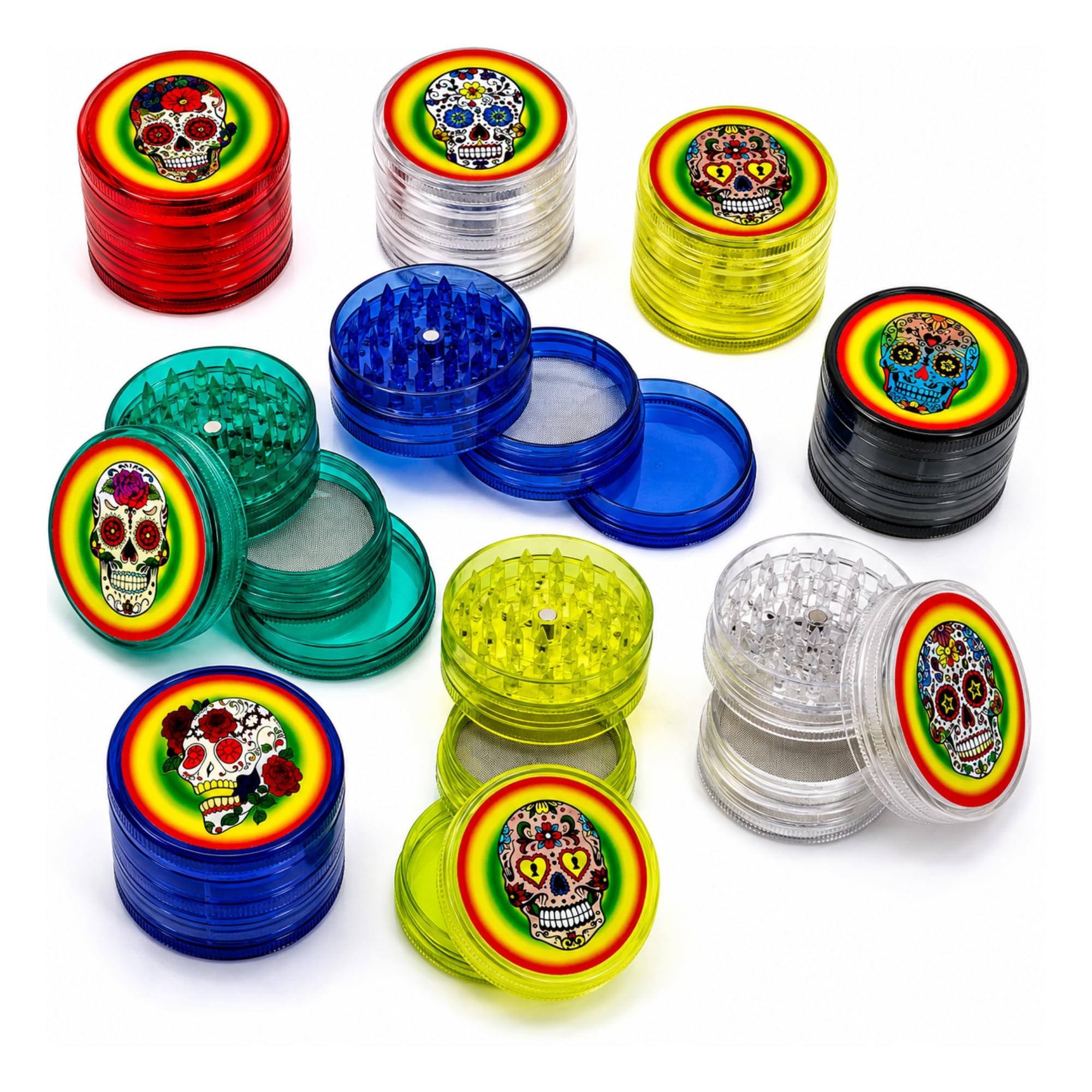 Premium Plastic Herb Grinder, Portable 50mm,60mm, Spice Grinder with Magnetic Lid, 4-Part, Grinder with Shark Tooth Shredding Stash Storage (60mm Random Colour)