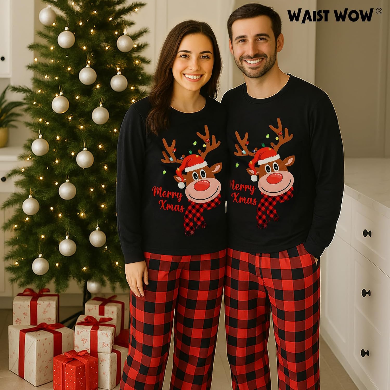 Waist Wow Christmas Family Matching Holiday Outfit with Pet Set Funny Print Top and Plaid Pants Xmas Family Home Wear Sets