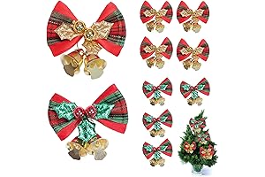 10PCS Mini Christmas Tree Bows with Bell and Plaid for Holiday Decorations