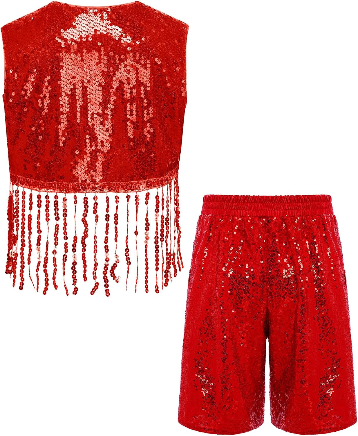 Jugaoge Kids Sequin Costumes Jazz Dance Dress Sets Shiny Shorts and Top Set Ballroom Dancewear for Competitions