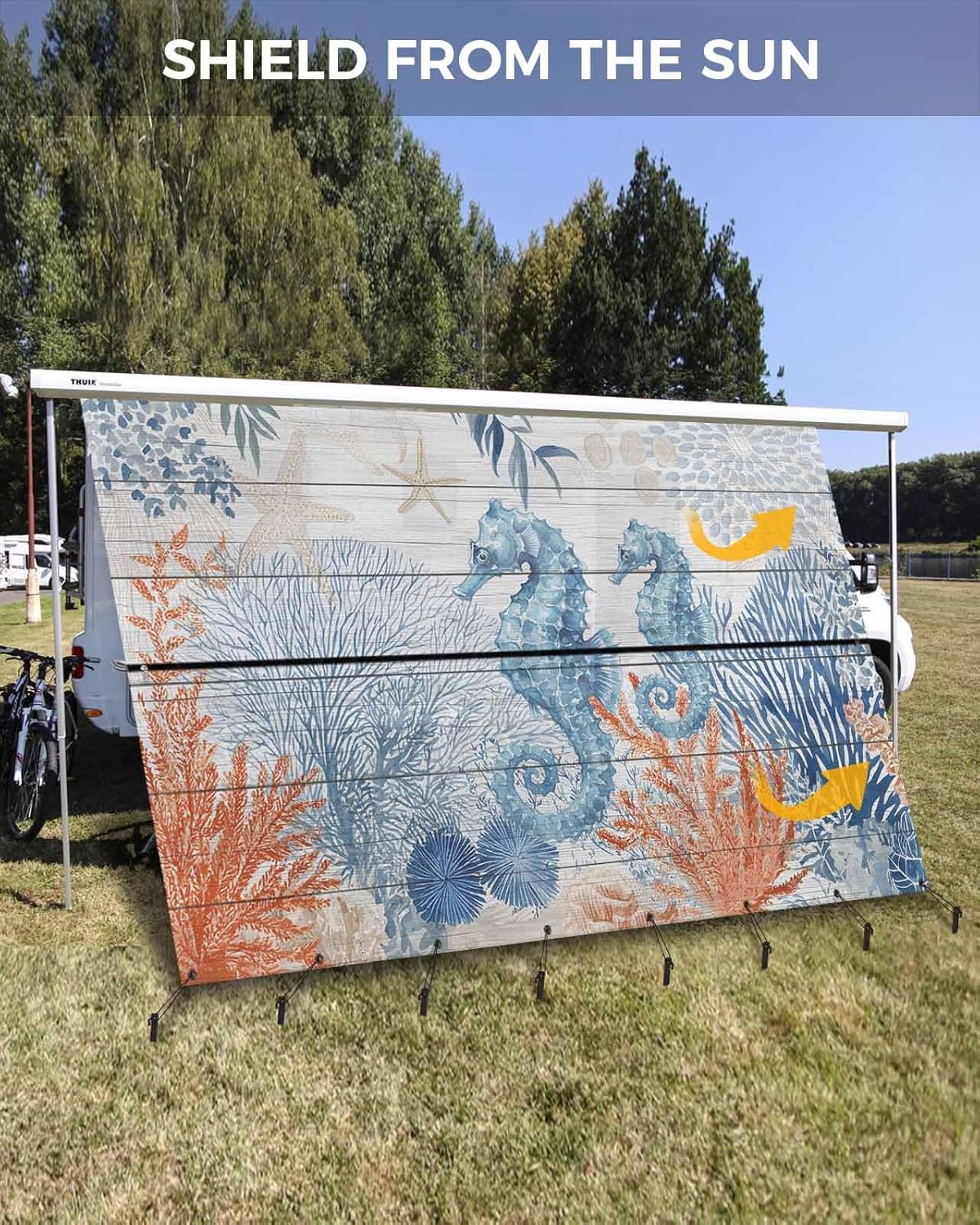 Sea Corals Seahorse RV Awning Sun Shade Screen with Zipper 9'x13.5' Summer Beach Sea Stars Wood Grain Mesh Sunshade UV Blocker Awning Shade Complete Kits for Motorhome Camper Travel Trailer Canopy