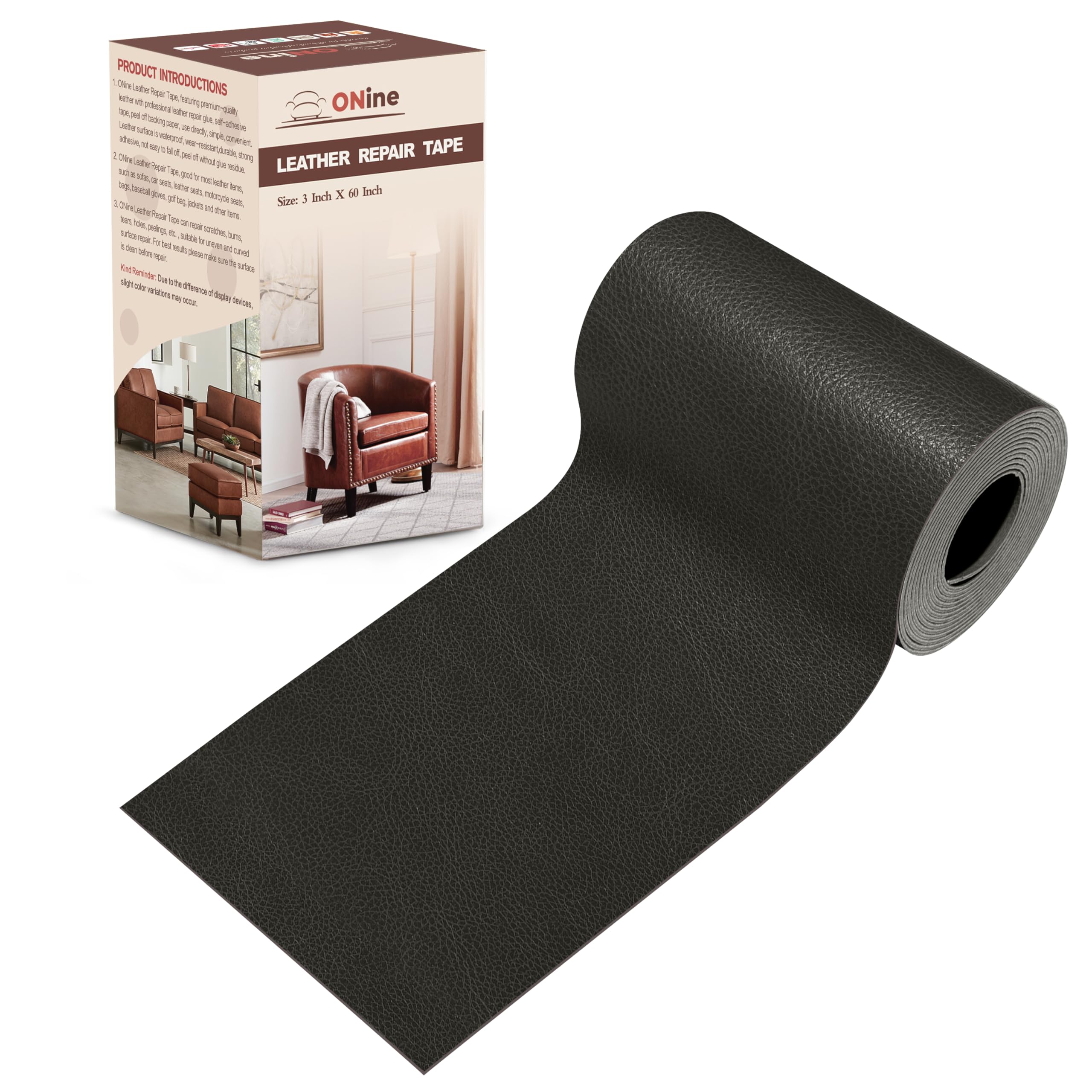 ONine Professional Leather Repair for Sofa,Leather Repair Tape 3x60in(Dark Gray Leather)