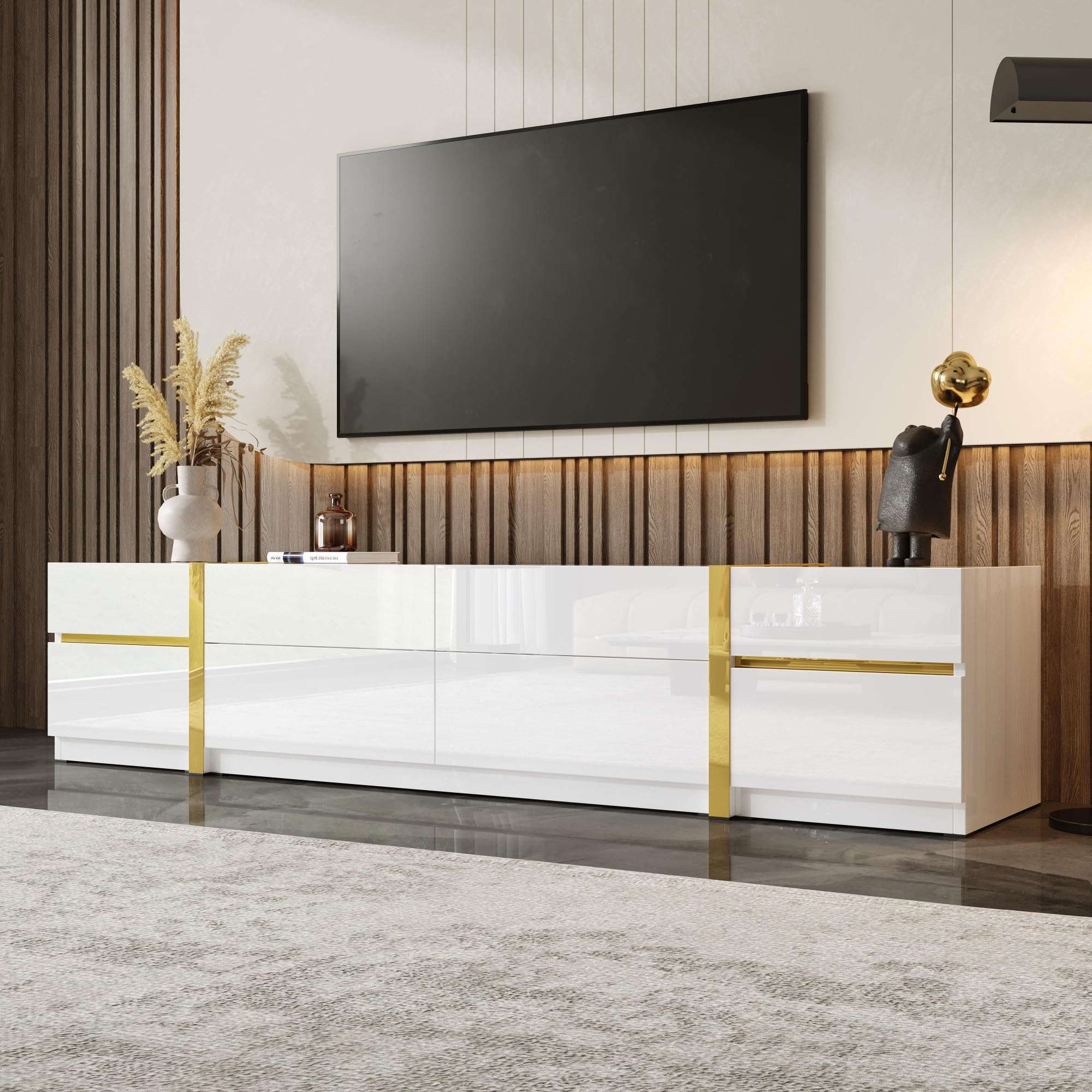 Meuble bas blanc brillant avec accents dorés - Meuble TV bas avec 4 tiroirs et 2 portes - Meuble TV pour grands téléviseurs - Buffet TV moderne pour salon - 180 cm