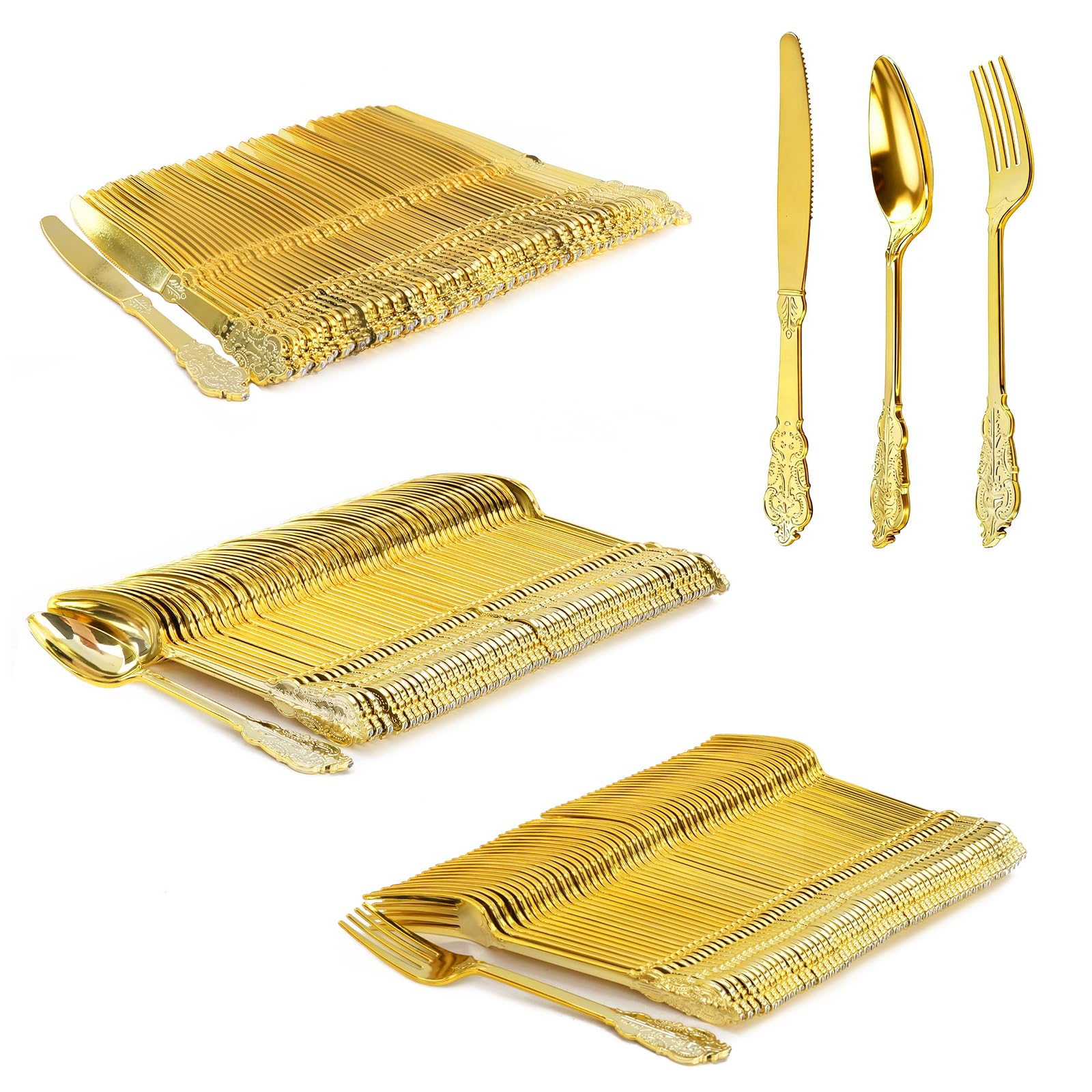 Juego de cubiertos de plástico dorado vintage de 180 piezas, 60 cuchillos, tenedores y cucharas | Lavable, reutilizable, resistente. Cubiertos pulidos. Duradero y elegante para bodas, fiestas de cumpleaños, eventos