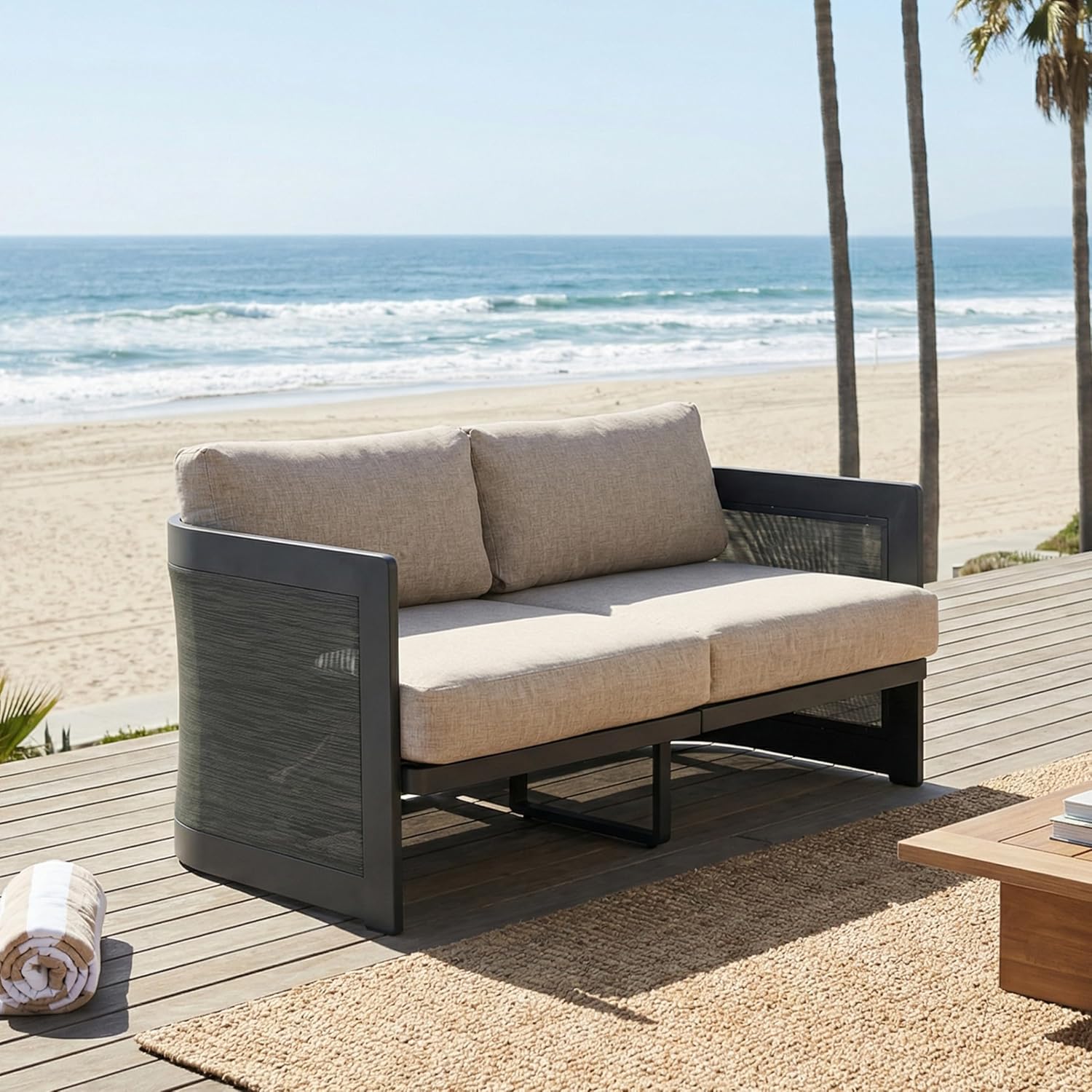 Christopher Knight Home Arden Patio Loveseat, Outdoor Aluminum Couch, 2 Seater Sofa with Mesh Panels and Cushioned Seat, Modern Outdoor Loveseat for Garden/Poolside, Aluminum Armchair, Beige+Black