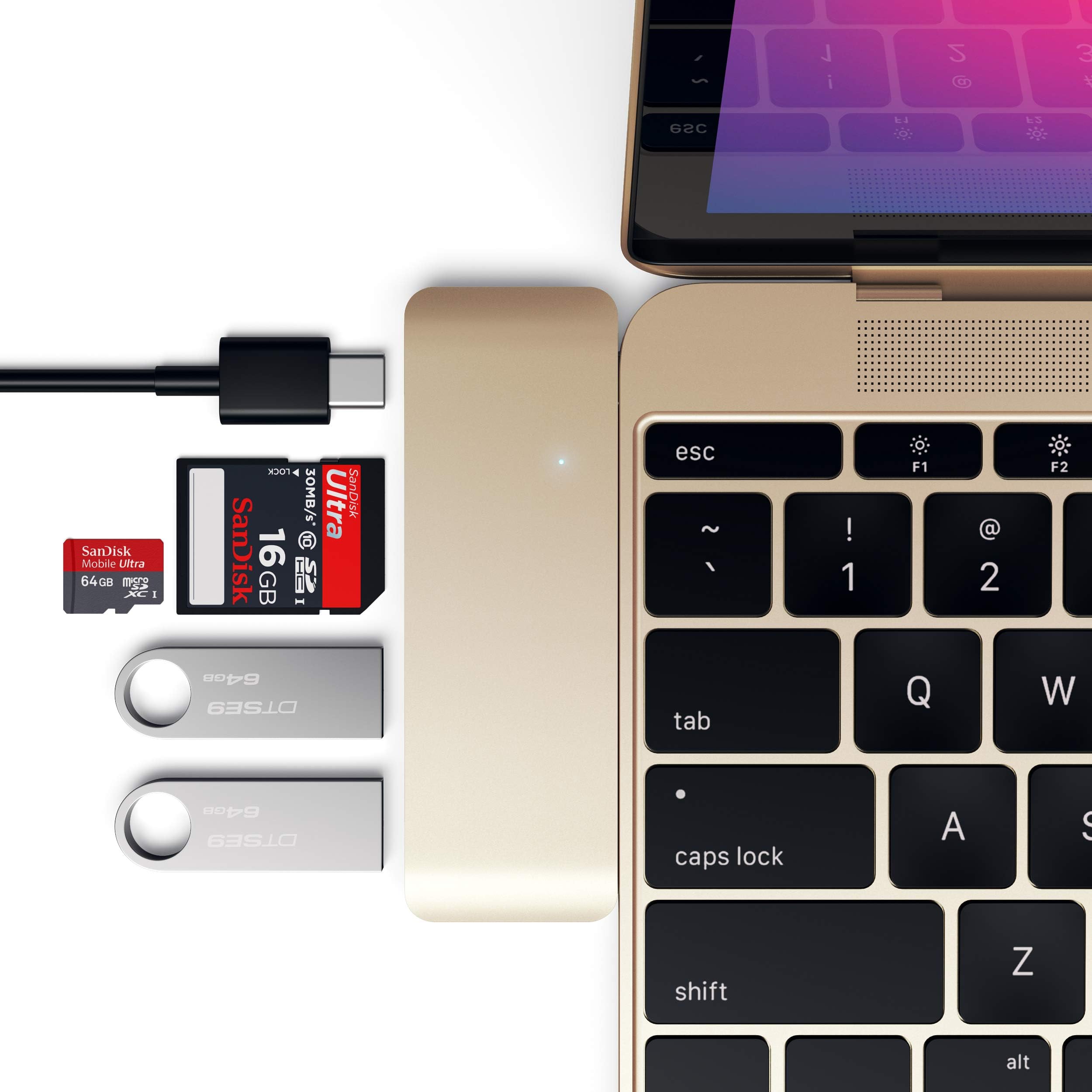 Satechi Aluminum Type-C USB 3.0 3-in-1 Combo Hub with USB-C Pass-Through for 2015/2016/2017 MacBook 12-Inch (Gold)