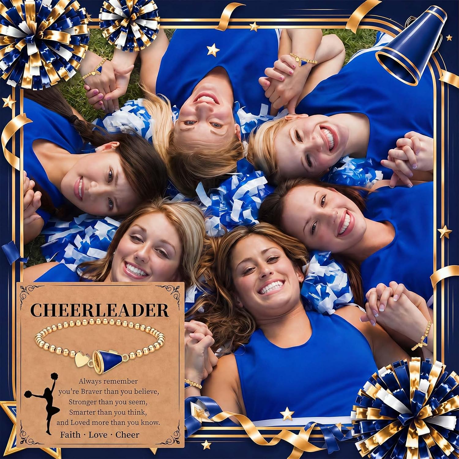 24 Sets Cheer Bracelet for Team Cheerleader Gift in Bulk Beaded Charm Bracelet Adjustable Cheer Bracelets with Inspirational Card Positive Jewelry Accessory for Women