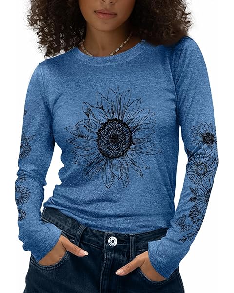 Flafens Long Sleeve T Shirts for Women - Crewneck Womens Graphic Tees Cotton Cute Cool Tshirts Teens Girls Girly