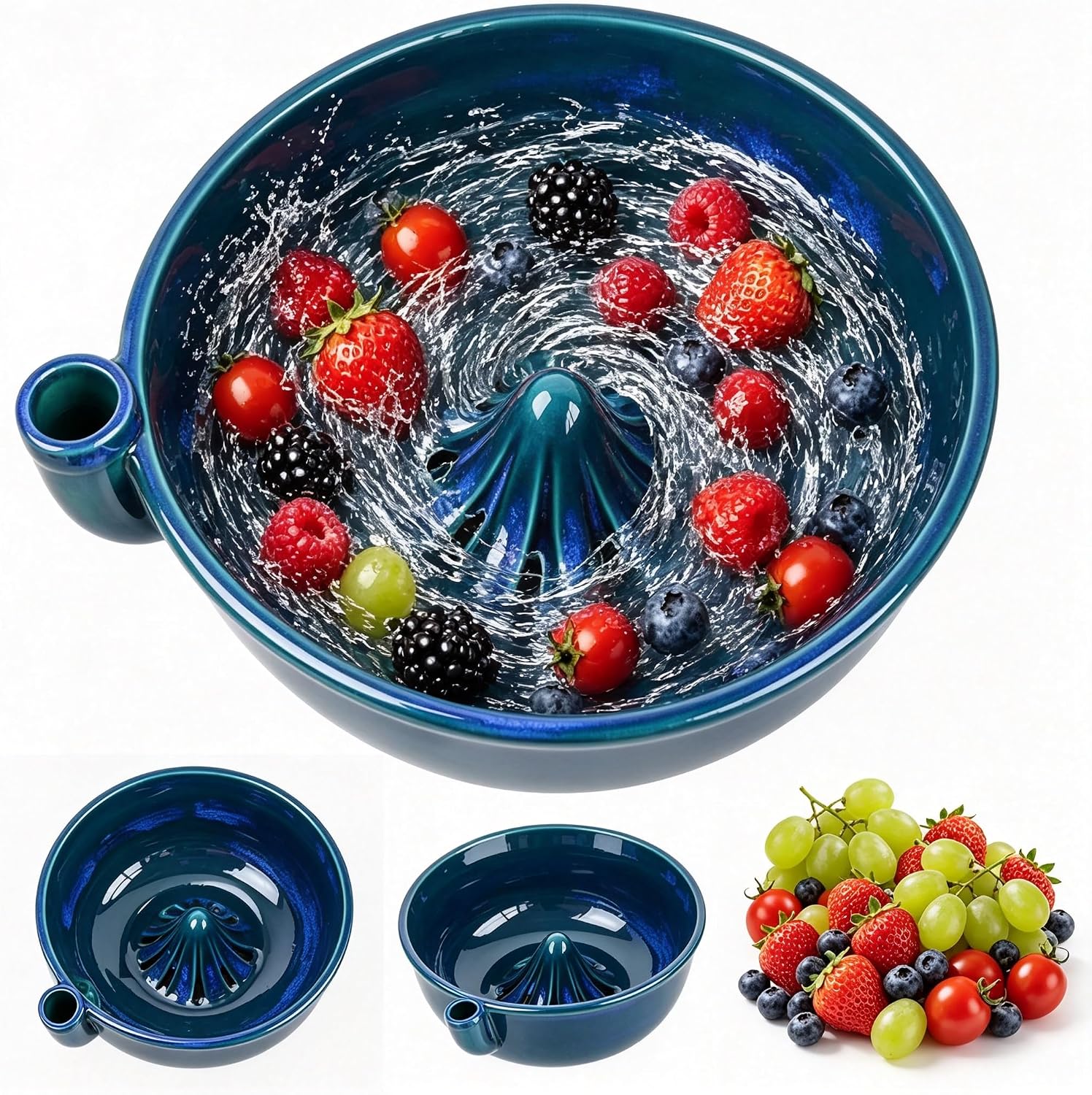 Ceramic Berry Washing Bowl, Auto‑Spin Rinse Drain Bowl for Small Fruits