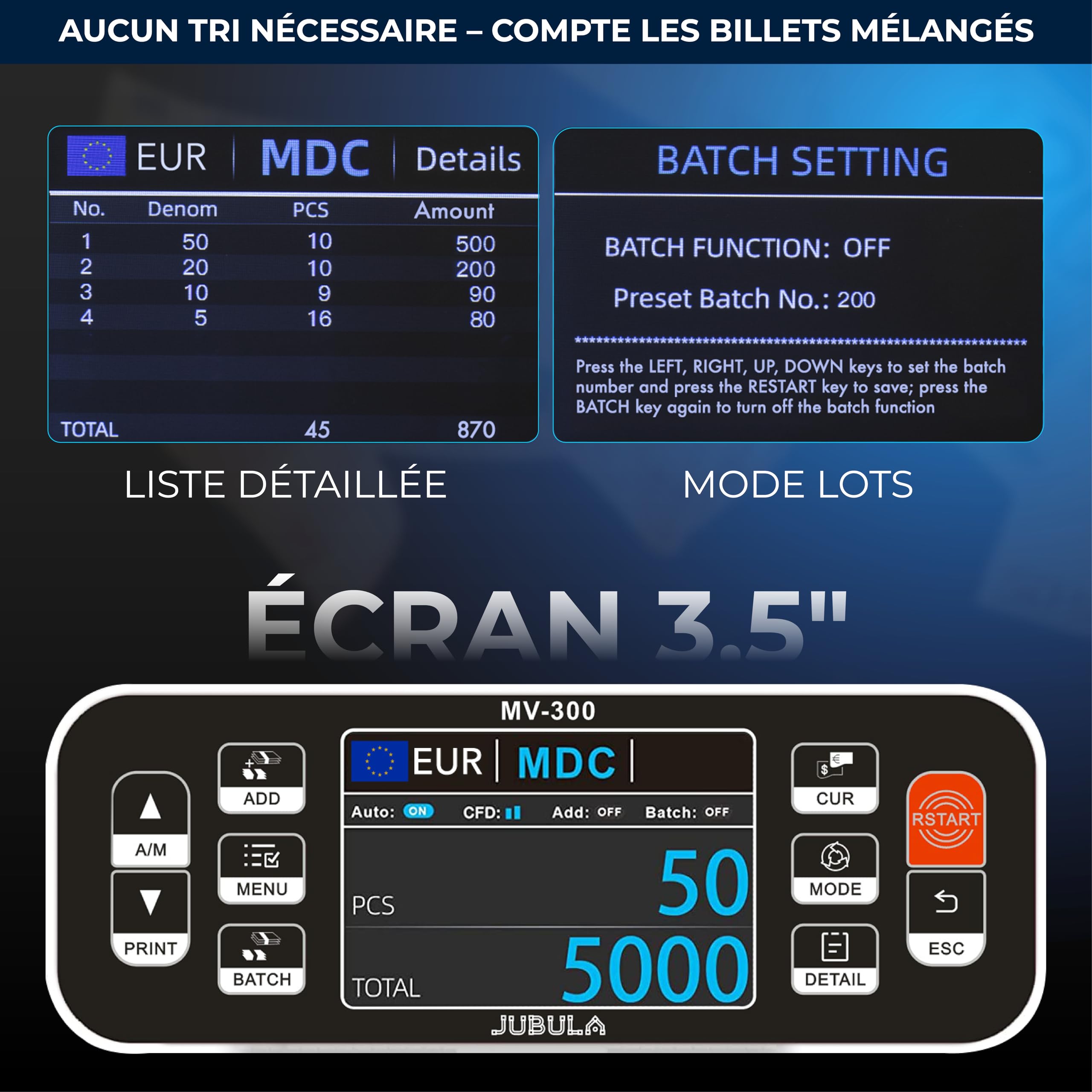 MV-300 - Compteuse de billets de banque mixtes avec détection avancée de faux billets en 8 points | EUR, USD, GBP | Valorisatrice de billets | Sûre et Précise | Compteur de valeurs pour billets