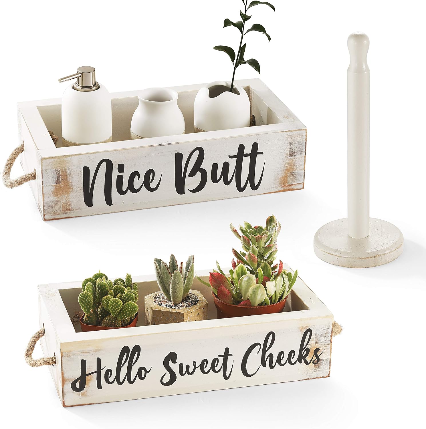CABASAA Nice Butt Bathroom Decor Box, 2 Sided Funny Toilet Paper Holder, Farmhouse Rustic Wood Organizer, Funny Home Decor, Wooden Crate with Rope Handles (White)