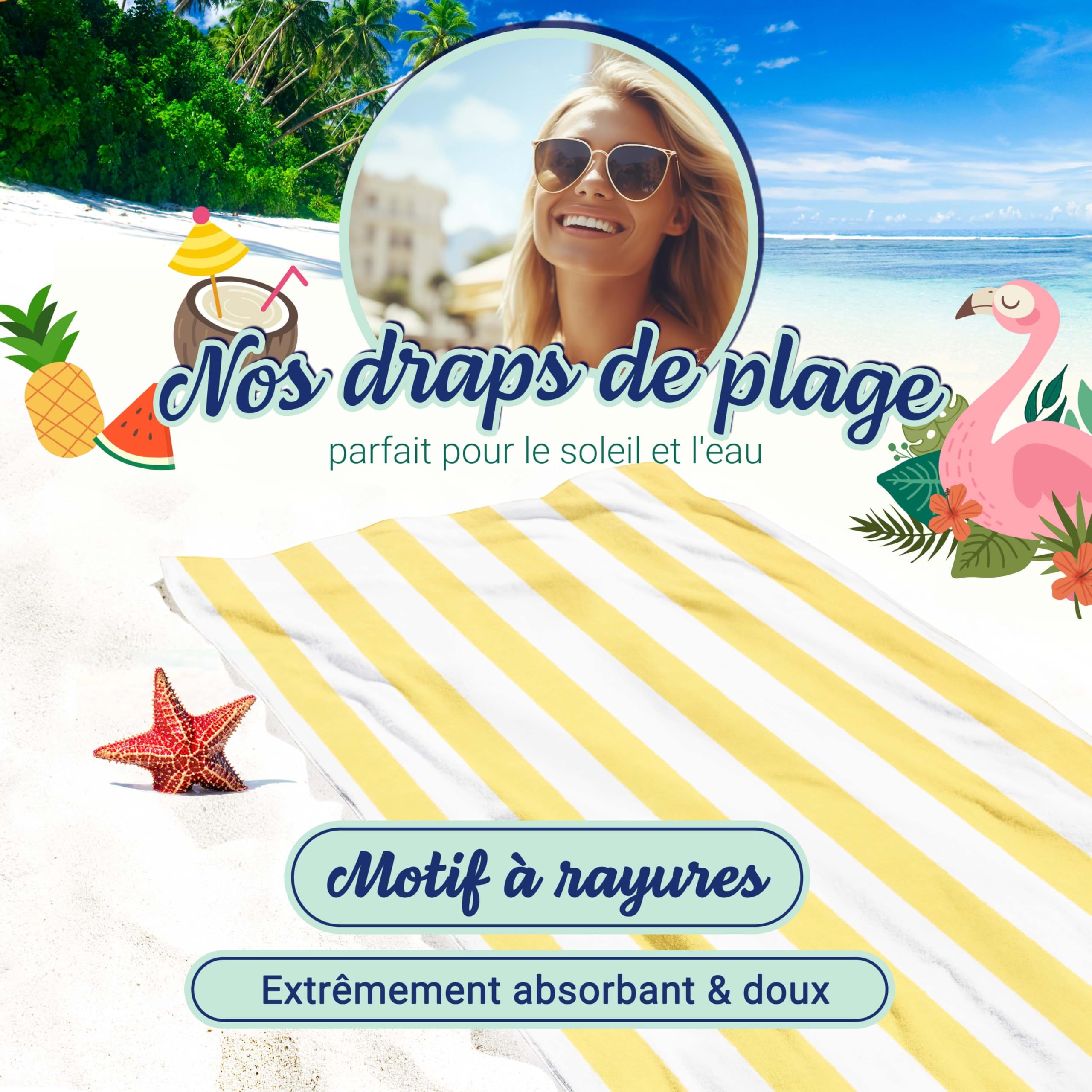 ZOLLNER Set de 2 Serviettes de Plage - Serviettes de Bain résistantes et absorbantes en 70x180 cm - lavables à 60°C - Coton - Motif à Rayures Intemporel en Jaune - certifiées Oeko Tex®