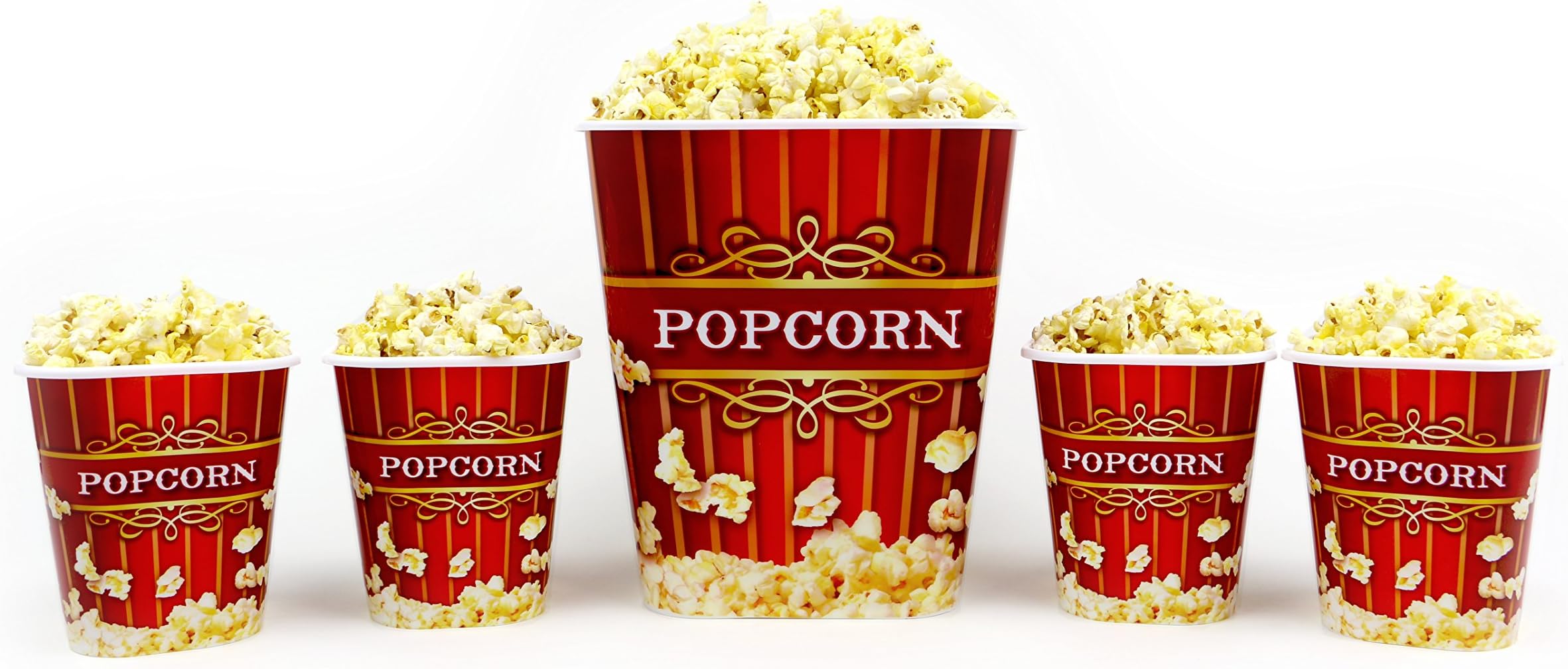 Popcorn Bucket Set - 1 Large & 4 Small Paramount Plastic Serving Bowl Tubs