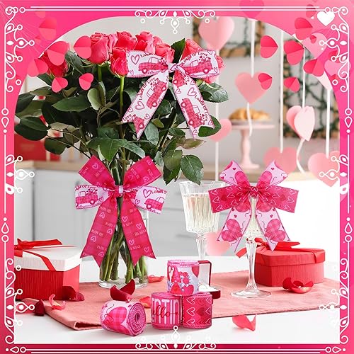 Miniatura 5 de Tigeen 6 rollos de 30 yardas de cinta de arpillera para el día de San Valentín, lana cuadriculada, color rosa, camión, enano, para envolver regalos,