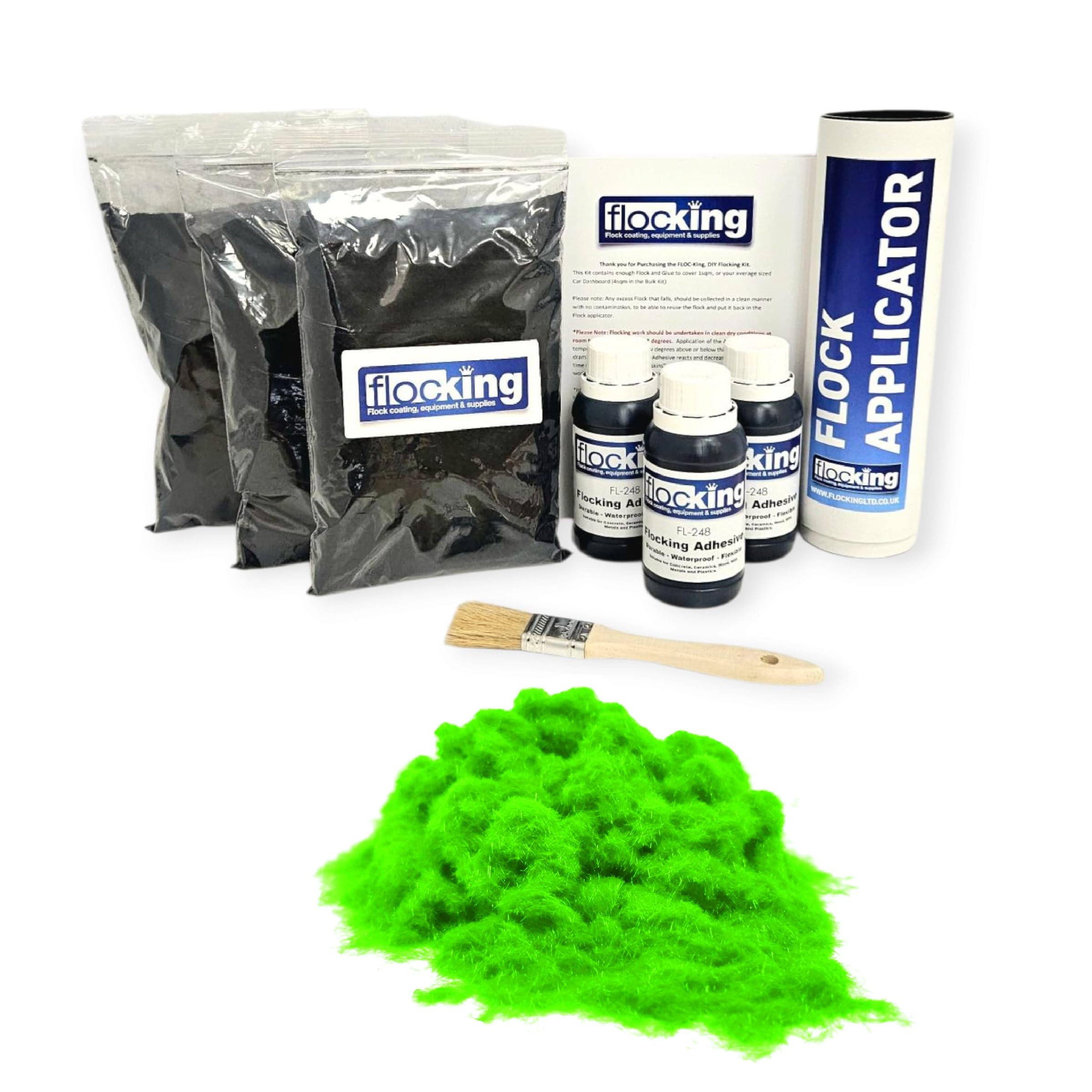FLOC-KING Triple Flocking Kit for Car Dashboards & Interiors - Professional DIY Flock Application Set - Includes 3sqm Nylon Fibres, Adhesive & Applicator (Fluorescent Green)