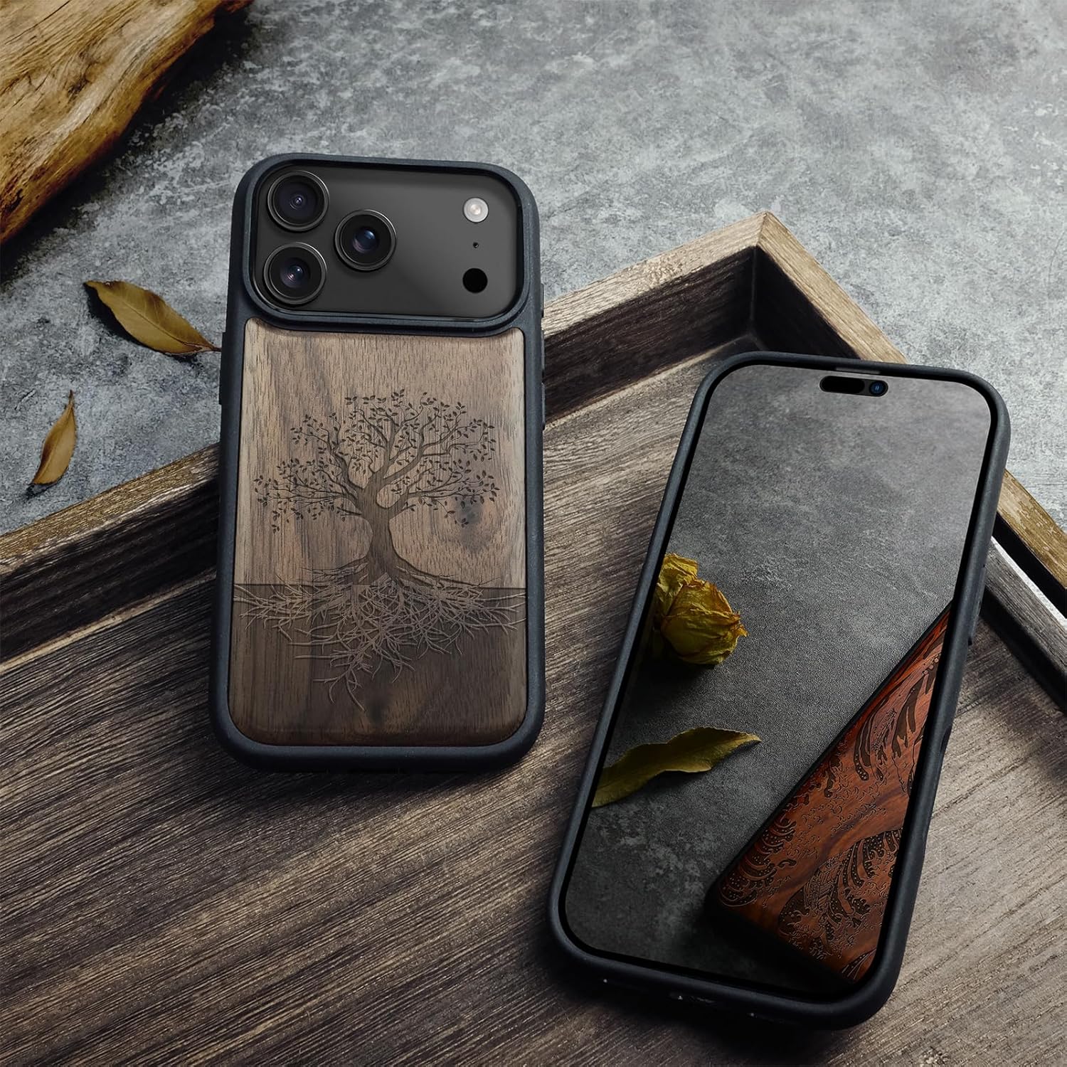 Carveit Magnetic Wooden Case for iPhone 17 Pro Max Case, Wood Artisan Engraved & Black Soft TPU Shockproof Cover, Compatible with MagSafe Wireless Chargers (The Yin Yang Tree) Walnut - Image 4