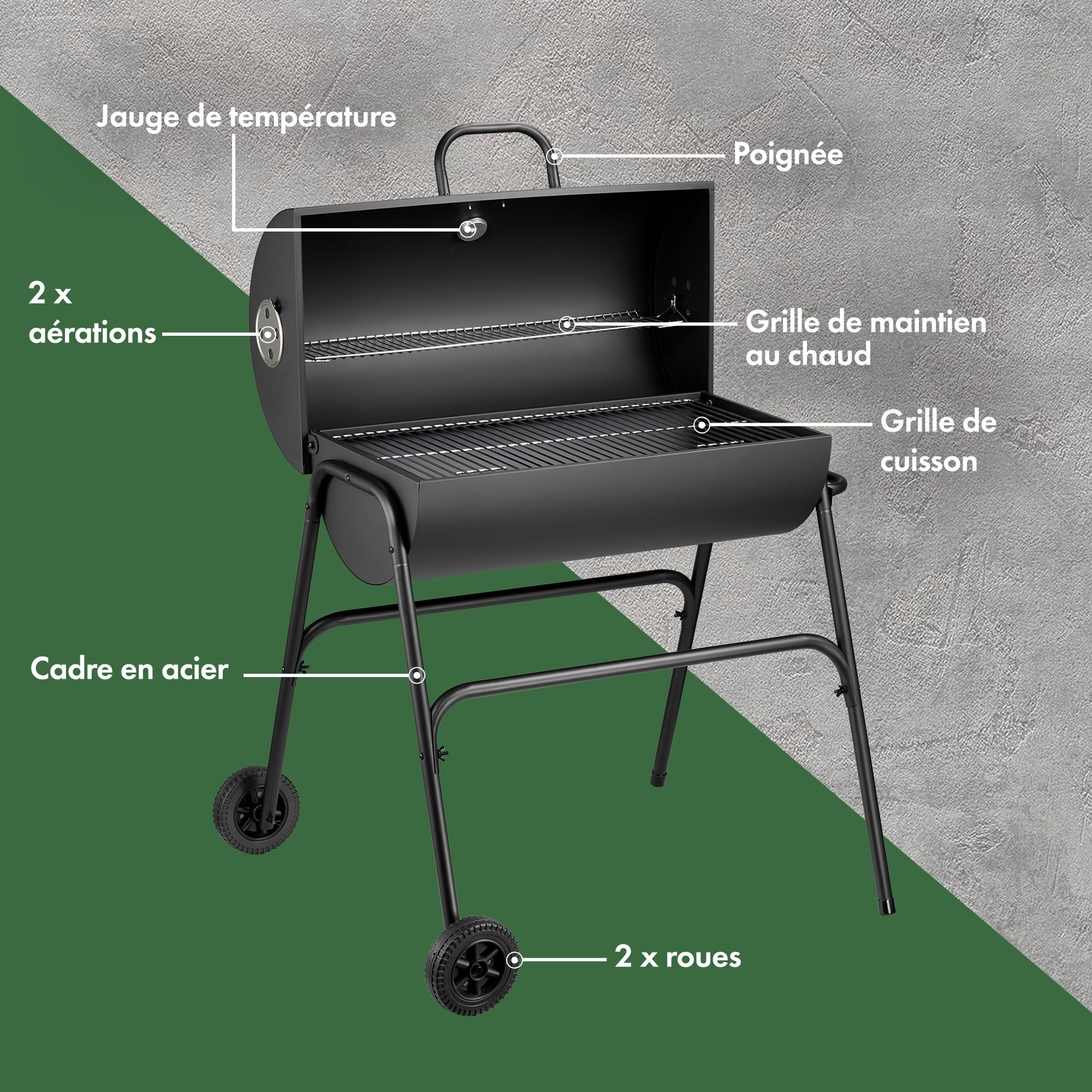 VonHaus Barbecue au Charbon – Baril Portable avec Grille Chauffe, Jauge de Température, Roues, Grande Grille de Cuisson et Aérations – 2 en 1 Barbecue et Fumoir – Grille Viande, Poisson et Légumes