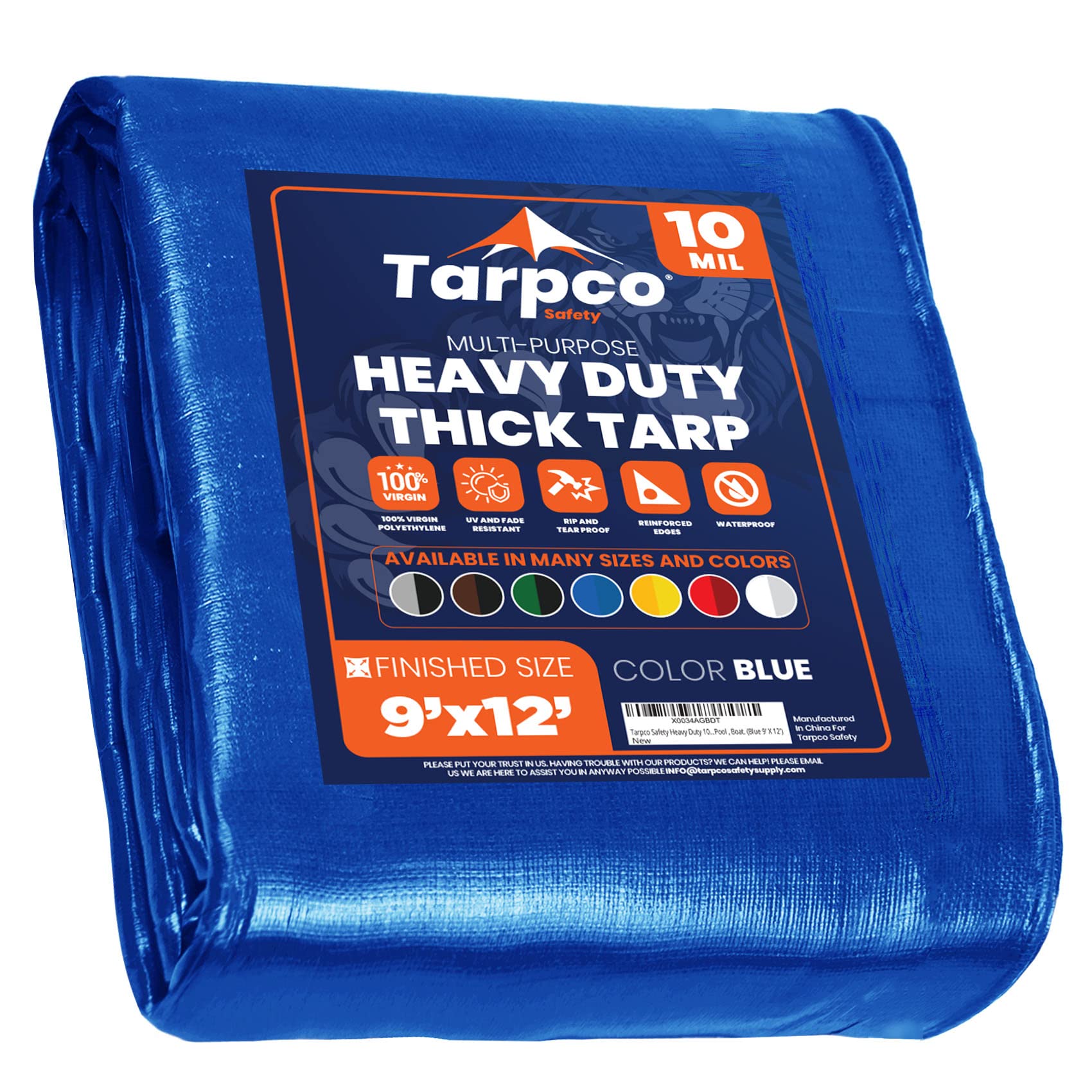 Heavy Duty 10 Mil Tarp Cover, Waterproof, UV Resistant, Rip and Tear Proof, Poly Tarpaulin with Reinforced Edges for Camping, Roof, Patio, Pool, Boat. (Blue 9′ X 12′)