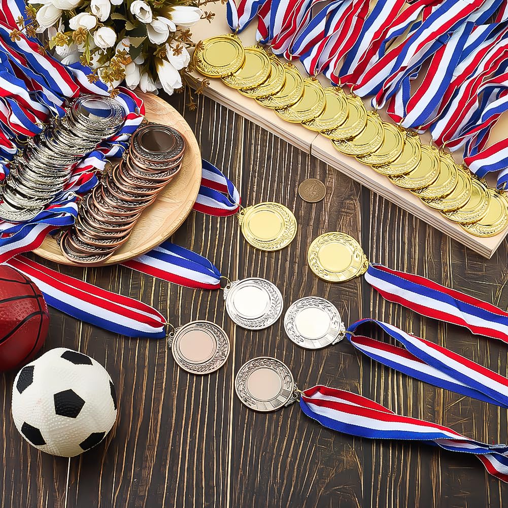 FINGERINSPIRE 48Pz Medaglie Premio Vuote con Nastri per Il Collo, 74cm di Lunghezza in Oro/Argento/Bronzo Antico Crea Il Tuo Kit di Medaglie Medaglia da Tifo Premio per Competizioni di Giochi Sportivi