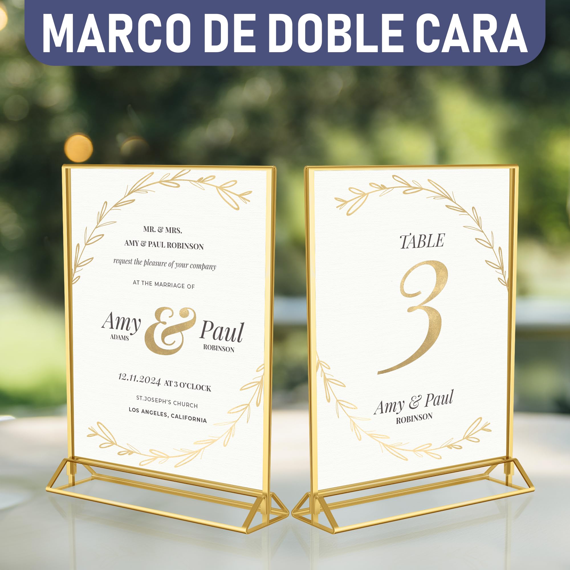 Marcos dorados de doble cara – 6 unidades – soportes de números de mesa de acrílico dorado, soportes de mesa de caballete transparente para letreros, soporte de menú, marco de fotos (A5)