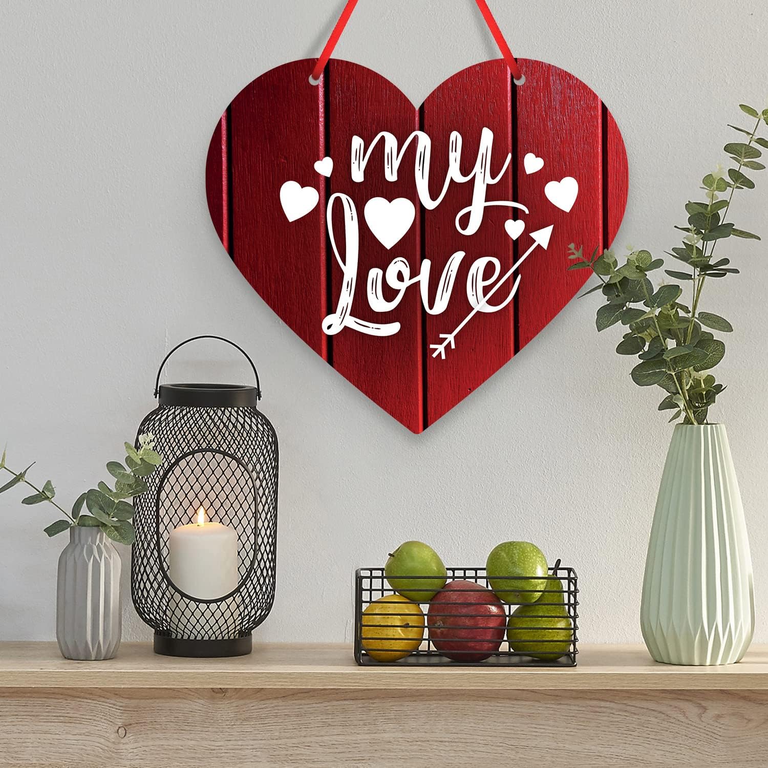 Valentines Day Decor My Love Red Wood Background With White Hearts, 15 Inch Aluminum Heart Shaped Door Sign With Red Satin Ribbon by Soul Décor