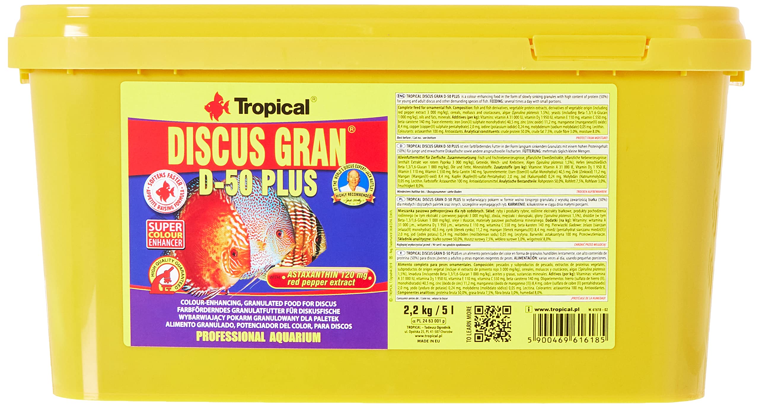TROPICAL Discus Gran D-50 Plus 5L / 2,2kg - Alimento granulado, potenciador del Color, para Peces Disco